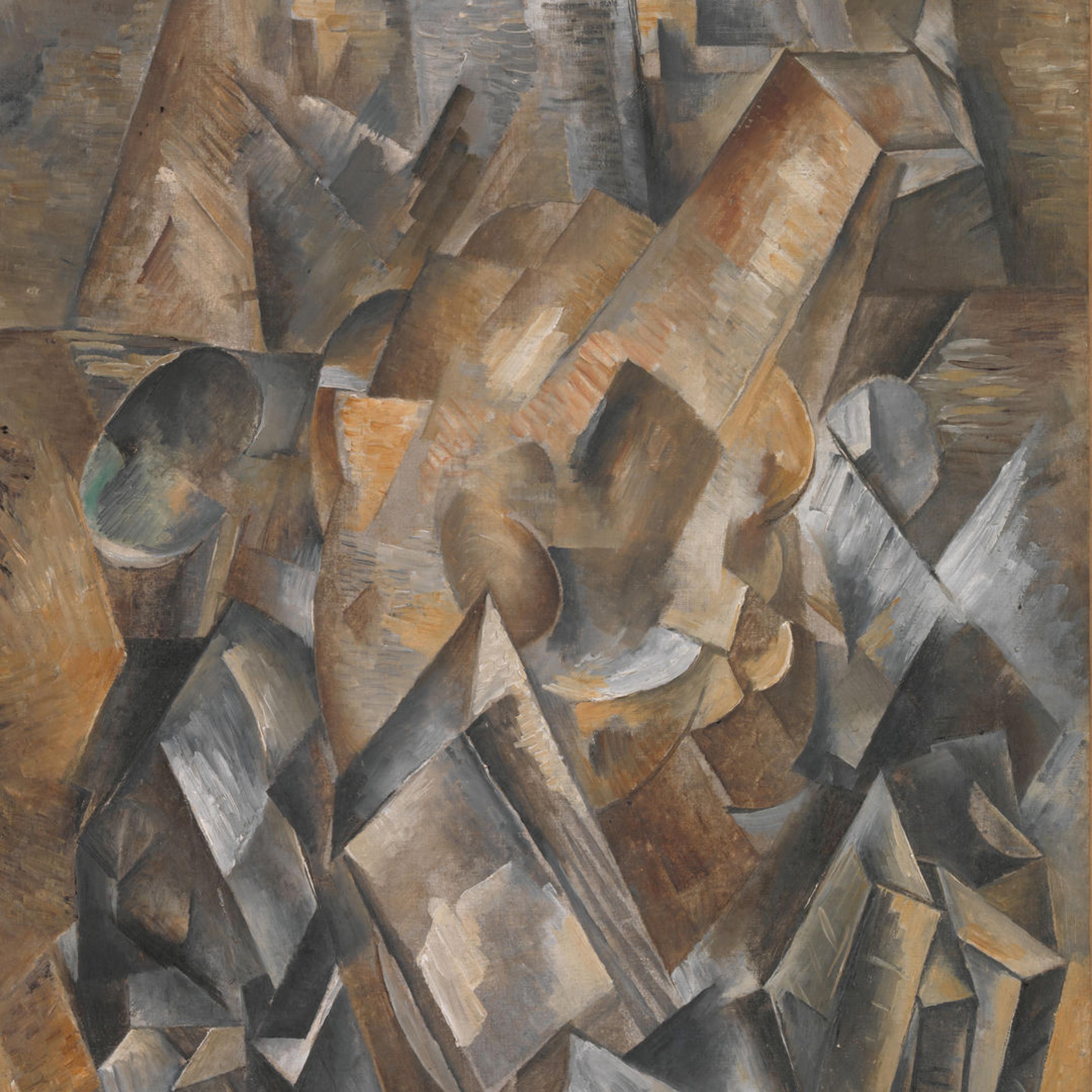 Cubist painting of a metronome in tones of gray and brown