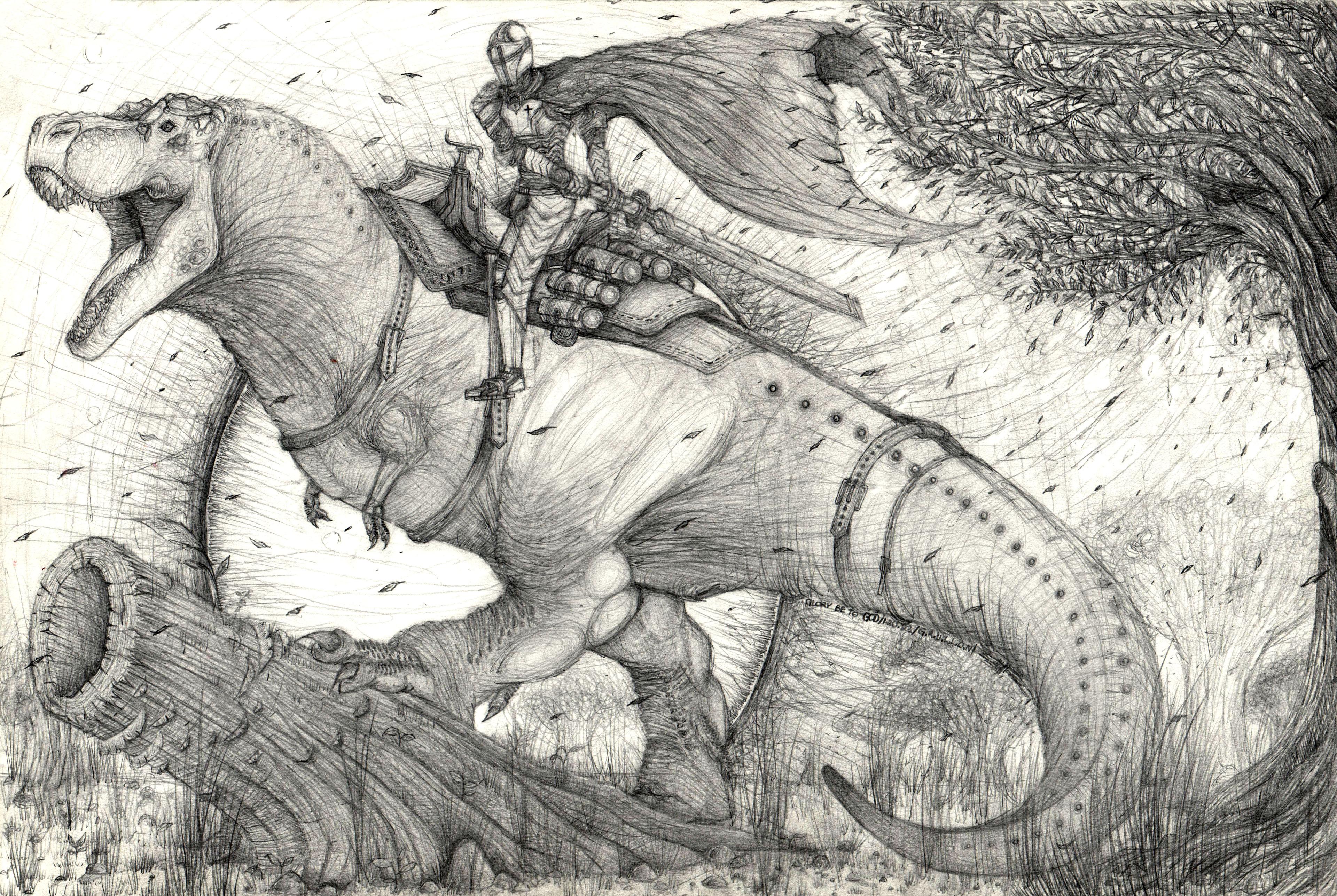 Graphite-on-watercolor black-and-white drawing of a fully armored medieval knight seated in a saddle, riding on the back of an enormous Tyrannosaurus Rex that faces left, with its bottom left foot perched atop a hollowed out log that emerges from the soil. The knight wears a long billowing cape that flows behind him, and he holds a long sword with his right hand across his left hip, pointed behind his back to his rear. The saddle is held to the dinosaur with straps encircling its torso. A tall tree to the right appears to be shedding its leaves, which flit all over and around the knight and the T. rex. A large, ringed halo appears in the background behind the dinosaur and its rider.