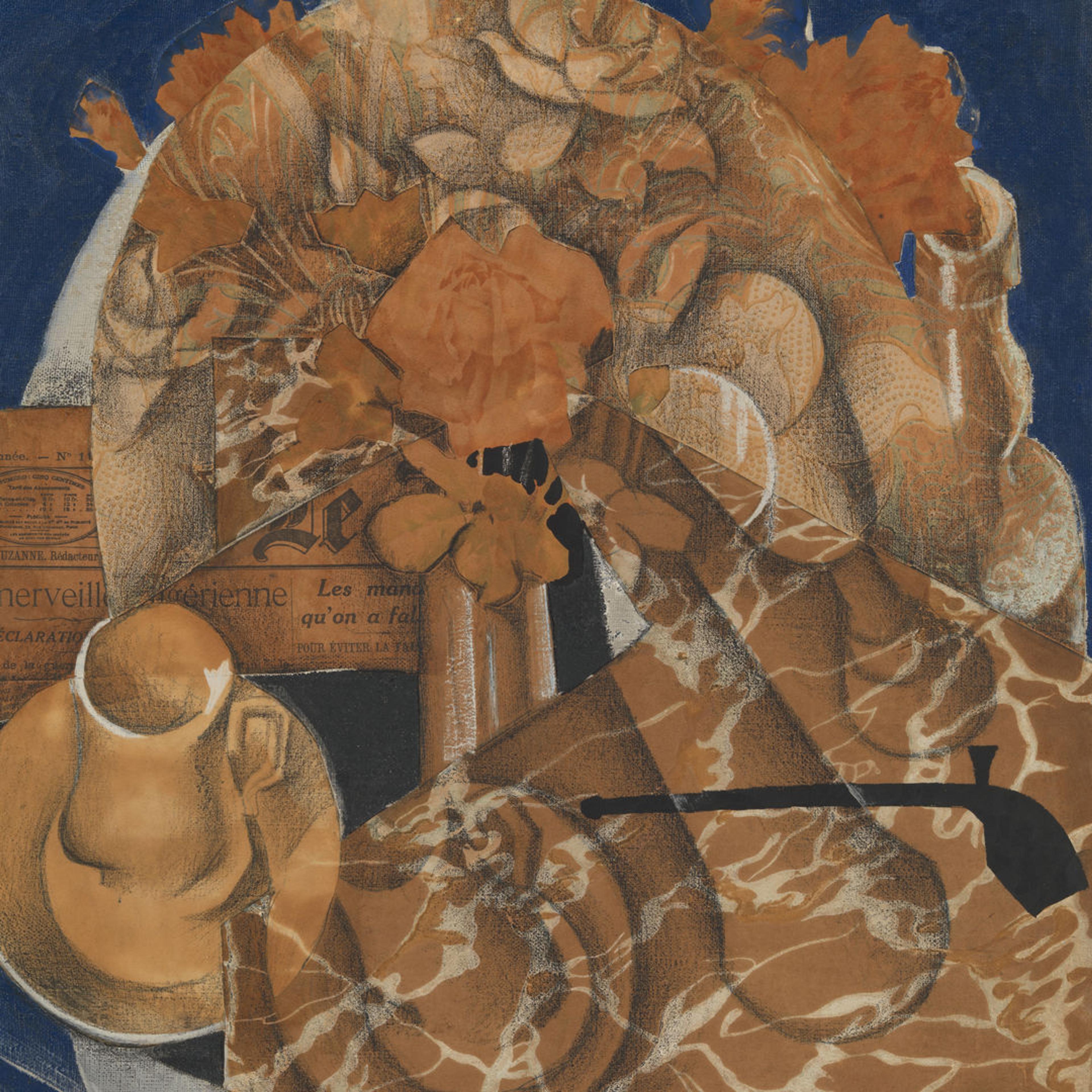 Collage in blue and orange tones depicting flowers, mugs and a few other abstract shapes