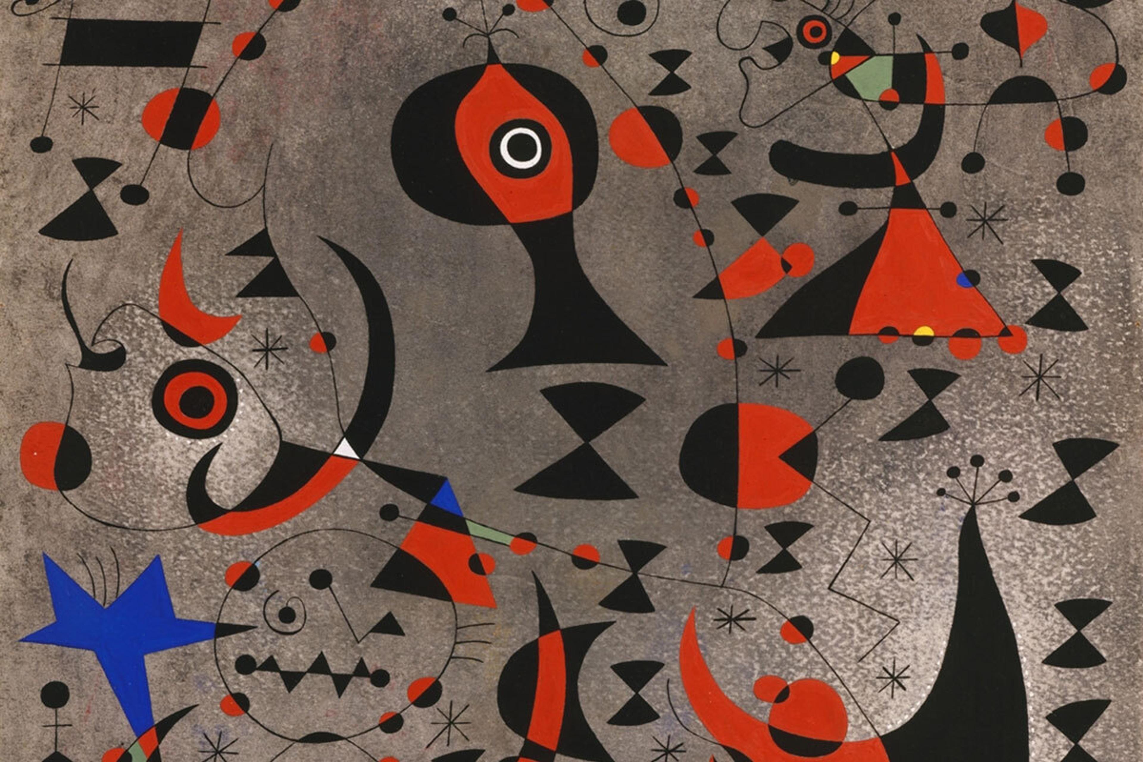 A painting made of gouache and oil wash on paper titled "Constellation: Toward the Rainbow" by artist Joan Miró