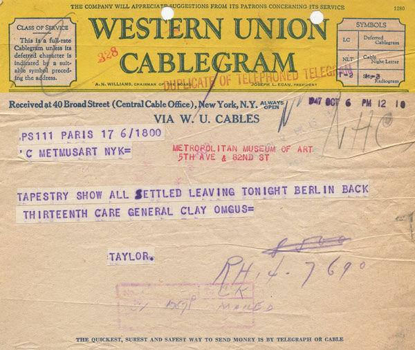 Telegram, Francis Henry Taylor to The Metropolitan Museum of Art, October 6, 1947. The Metropolitan Museum of Art Archives