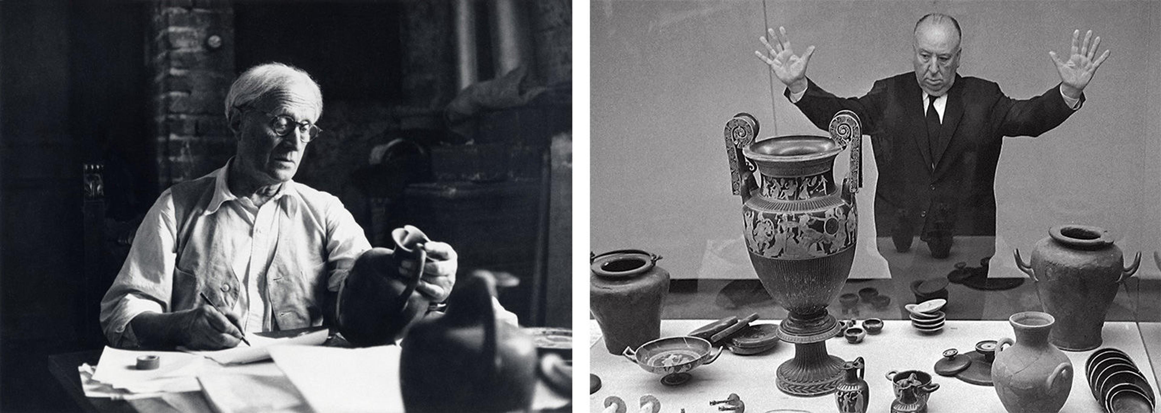 Two black-and-white photographs. At left is Sir John Davidson Beazley, sitting at a desk and examining a jug in his left hand. At right is Alfred Hitchcock, standing with his arms outstretched in front of a display case containing a variety of jugs and vases.