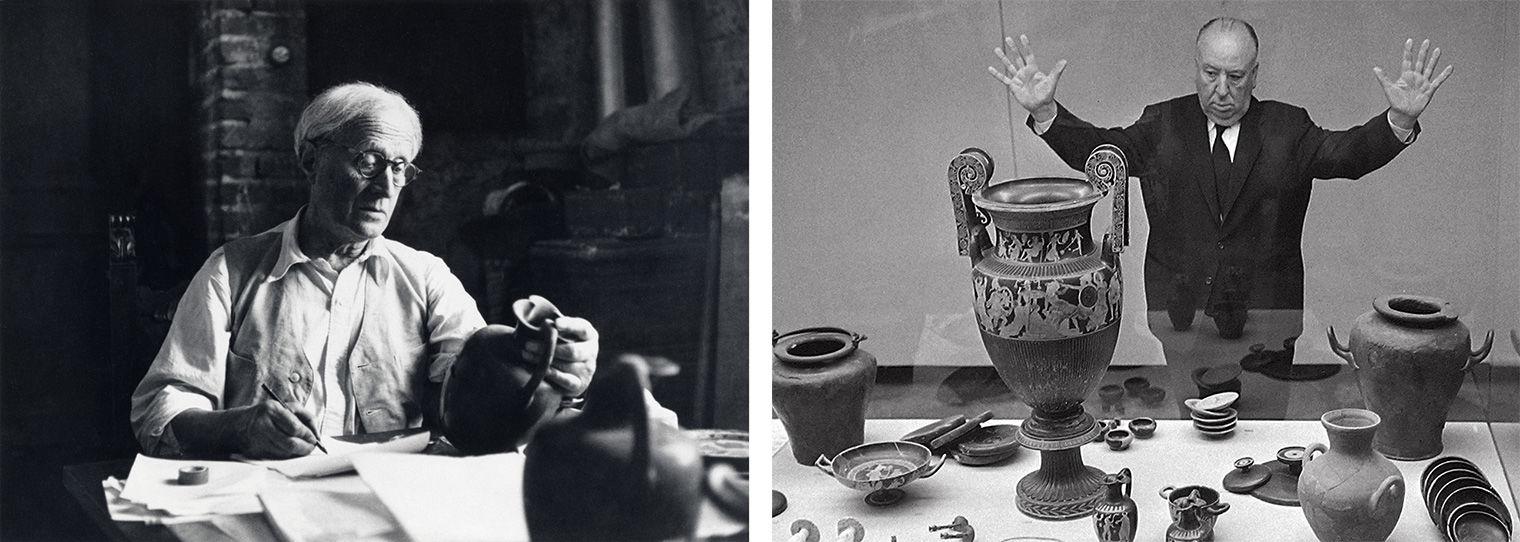 Two black-and-white photographs. At left is Sir John Davidson Beazley, sitting at a desk and examining a jug in his left hand. At right is Alfred Hitchcock, standing with his arms outstretched in front of a display case containing a variety of jugs and vases.