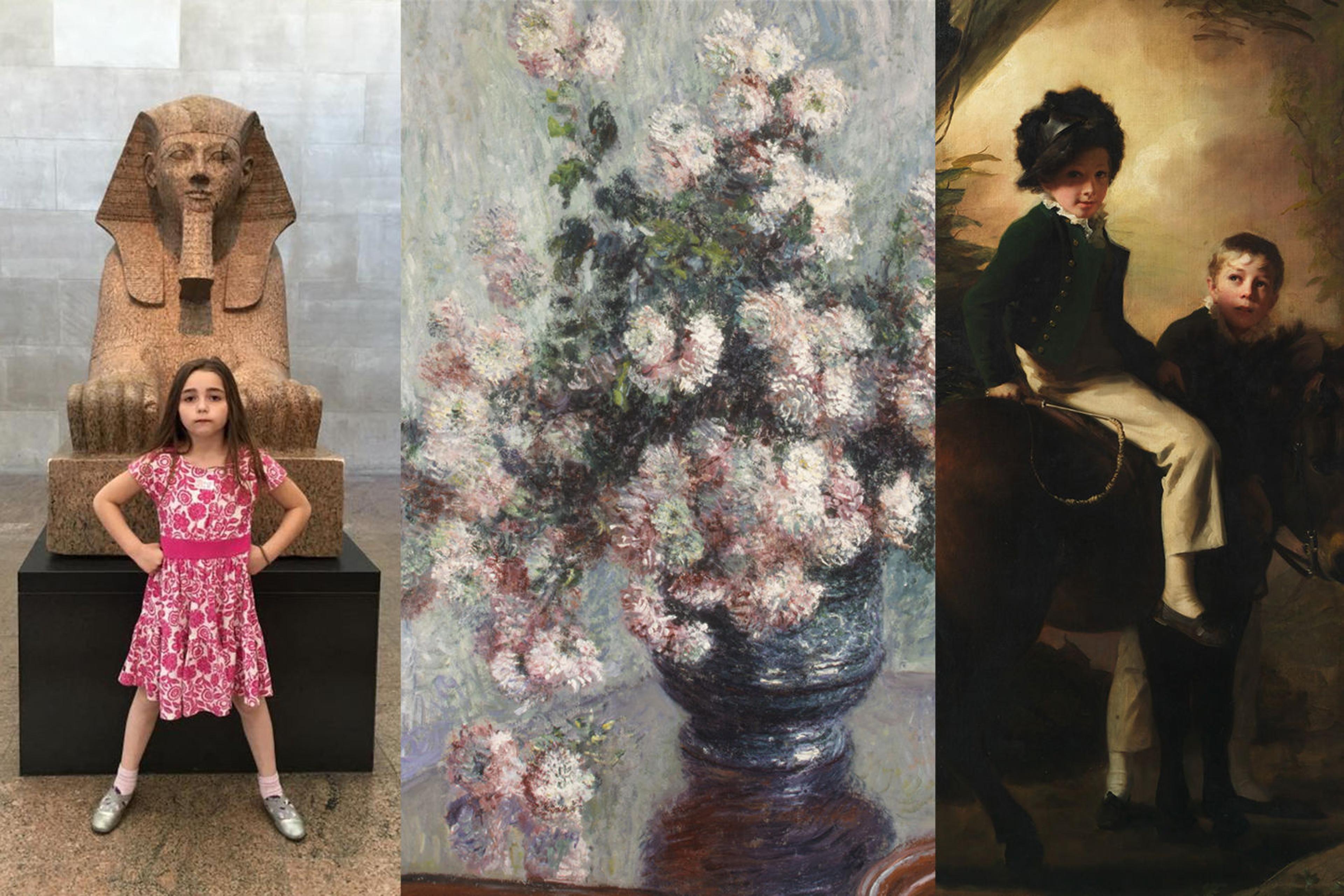 A triptych with a photo of a girl standing in front of the Sphinx of Hatshepsut at The Met on the left; a painting of flowers in a vase in the center; and a painting of a young girl sitting on a horse and boy looking up at her on the right.