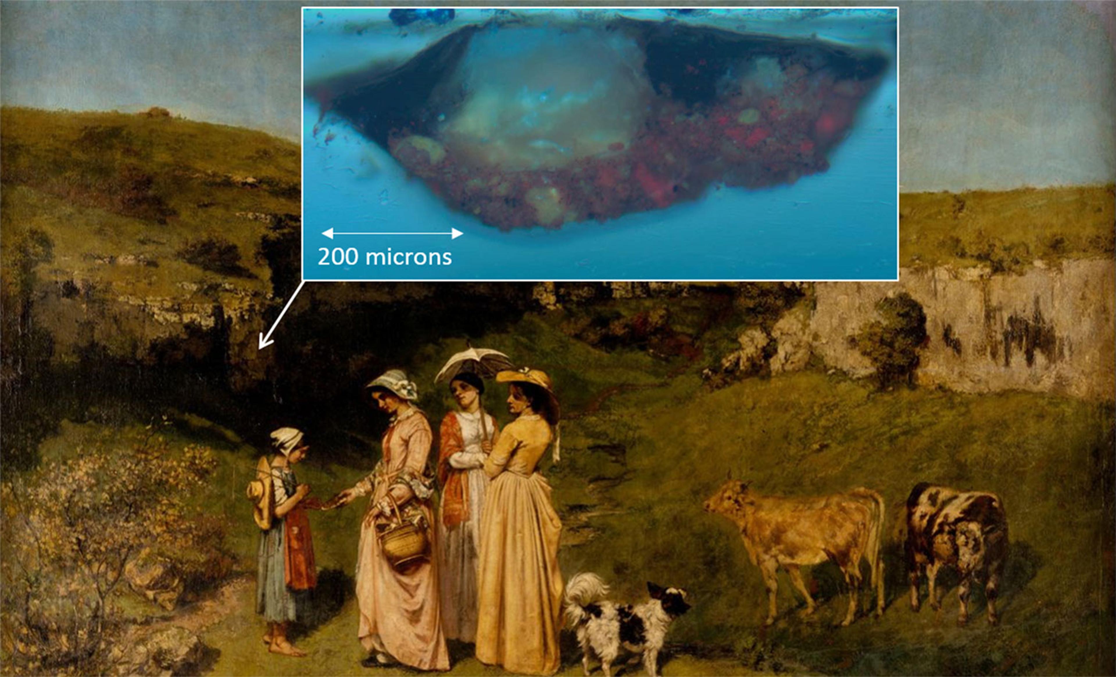 Courbet's painting Young Ladies of the Village, with an inset showing a microscopic image of the paint layer.