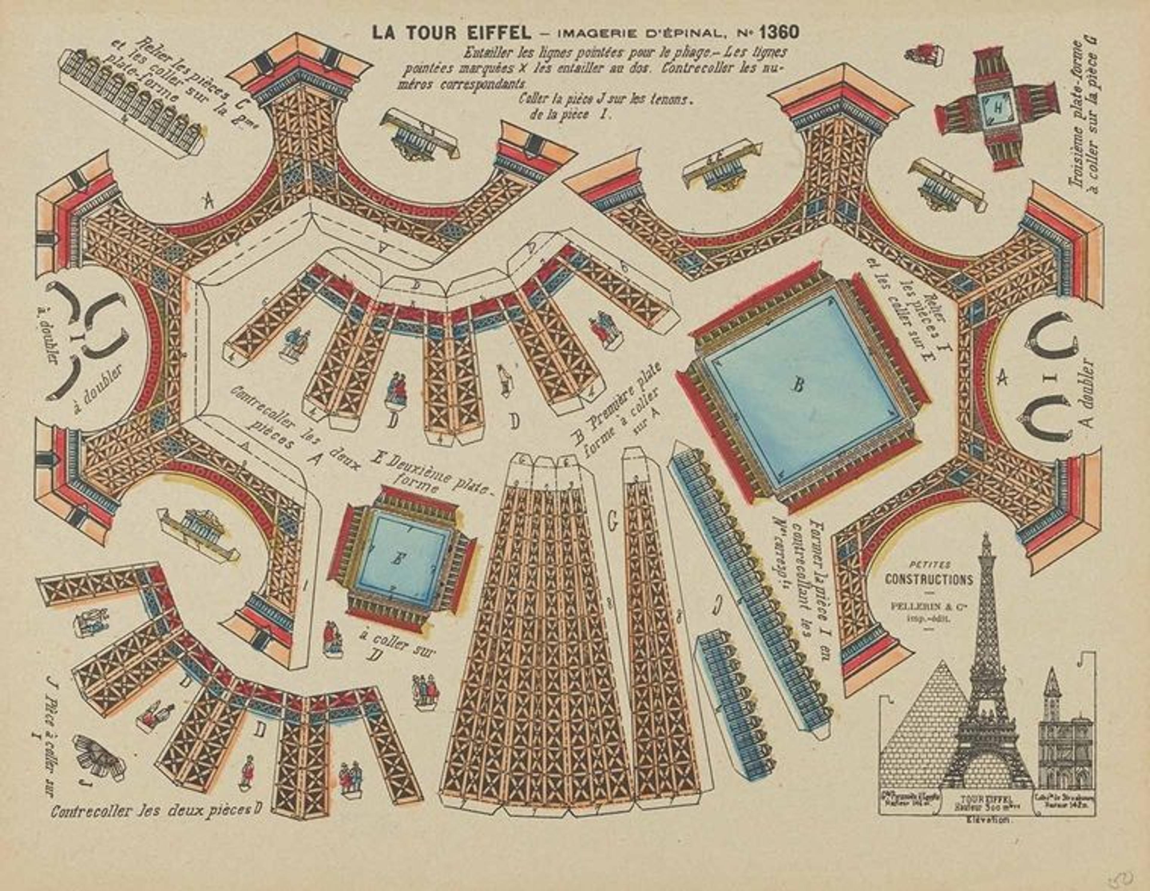 a sheet meant to be cut out and reassembled as a paper-craft construction of the Eiffel Tower.