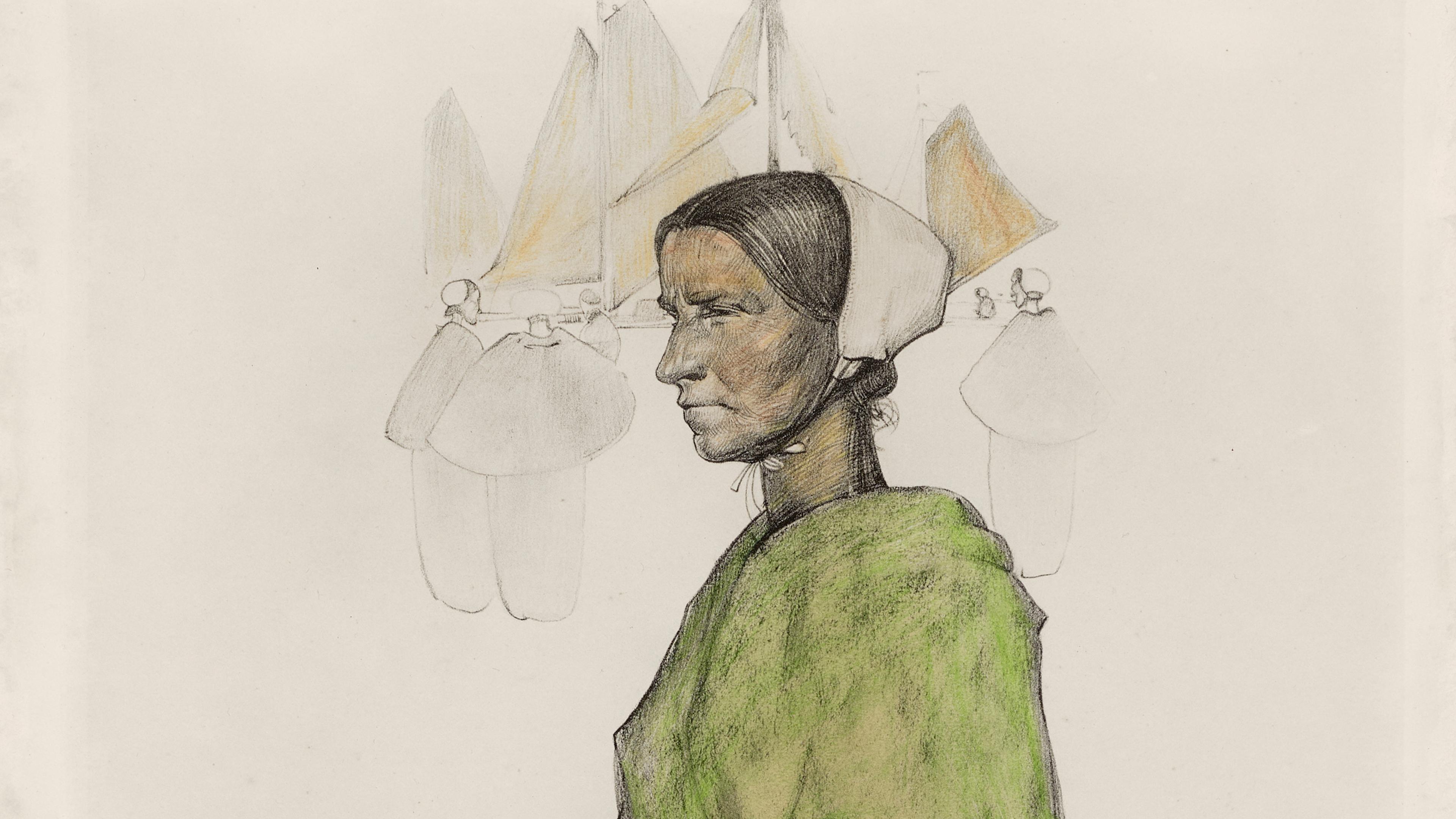 A woman in traditional attire with a green shawl and white bonnet stands in profile, hands clasped. Sketched figures and sailboats float softly behind her.