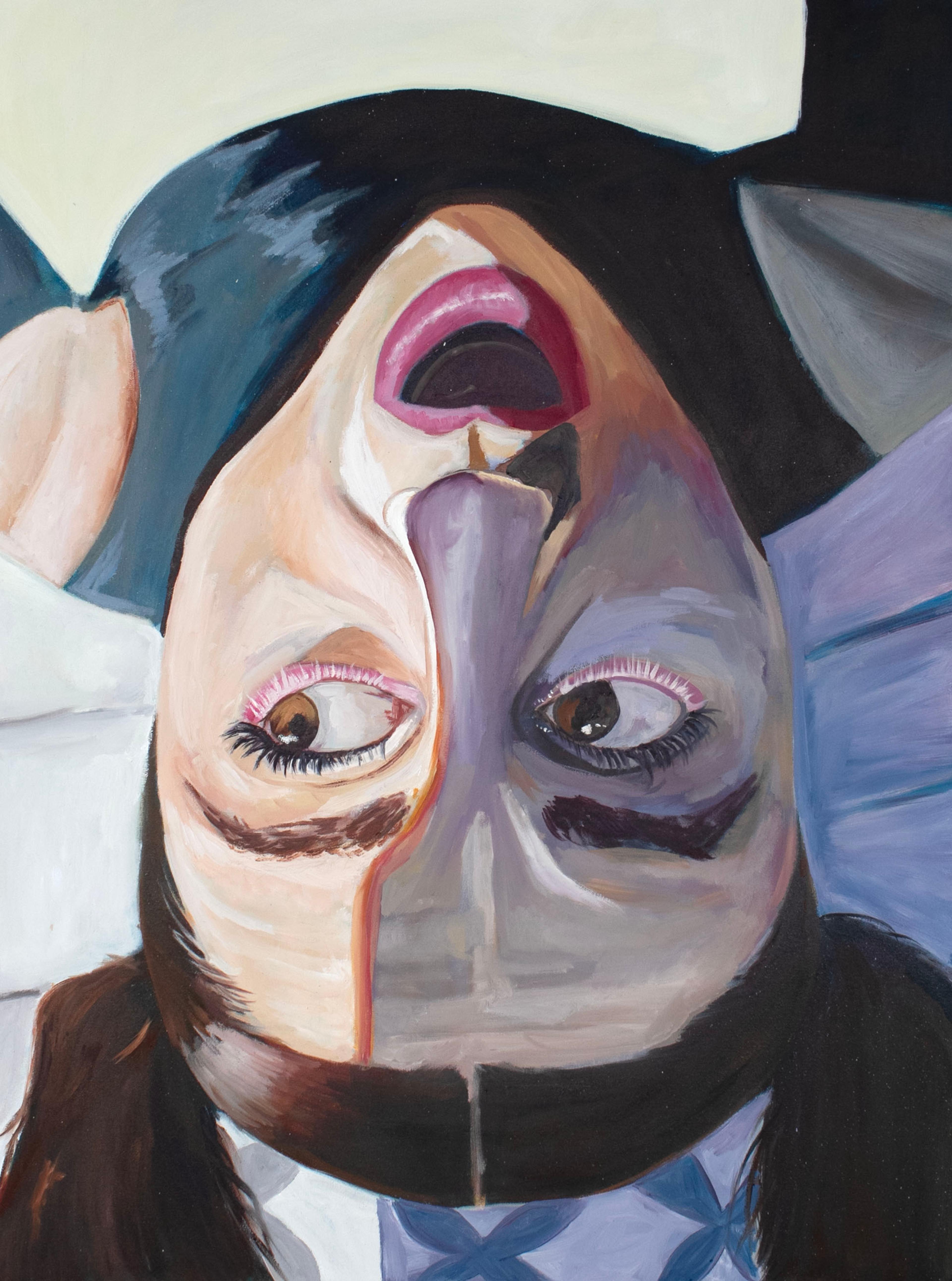 Oil-on-canvas self-portrait of an adolescent girl lying on her back on a bed with her head hanging upside down off the edge, facing the viewer. The girl's lips are red, and her mouth is wide open. She has thick eyebrows and brown eyes that face left. Her dark hair is tied in two pigtails which hang upside down. The girl wears a black shirt, and the edges of her upraised arms are shown extending out of the frame, as though she is holding a smartphone and taking a selfie. She wears a white headband with blue decorative four sided flower patterns. Her face is cast in faint blue purple shadow to the right, which contrasts to her light pinkish skin to the left.