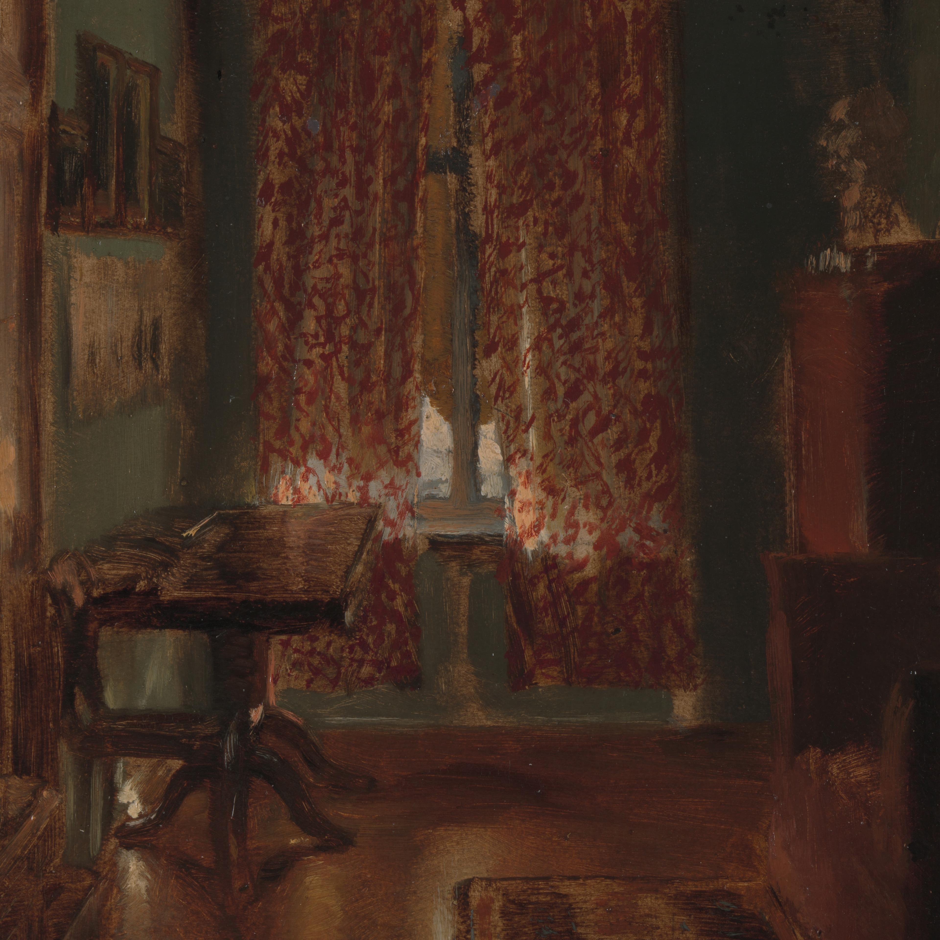 Painting of a living area. Modest light comes through red and gold curtains. A wooden desk, dresser, and armchair round out the image.