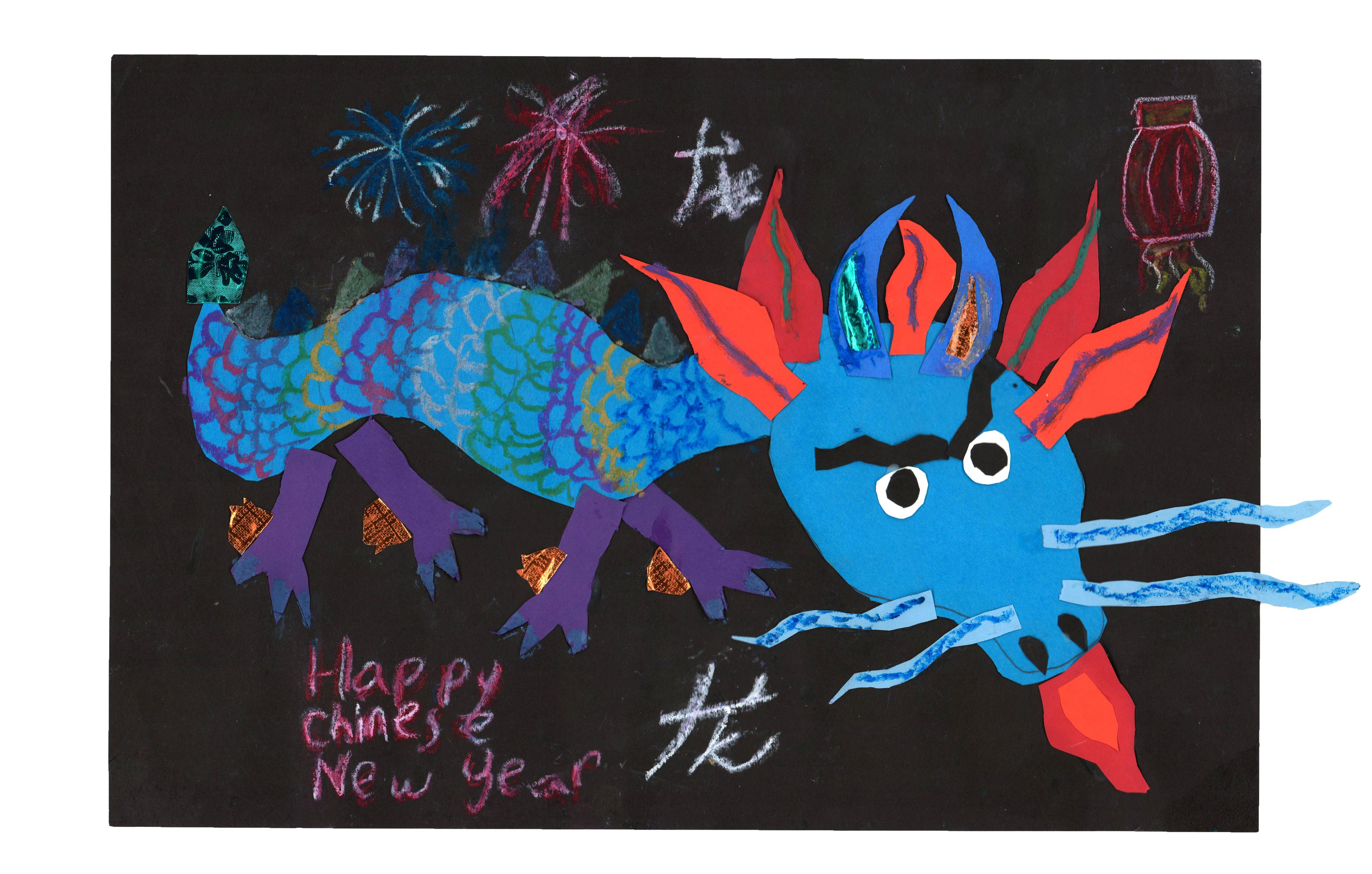 Drawing of a blue dragon facing right on a black background made with construction paper and oil pastels. The dragon has four purple legs with blue toes and a pattern of multicolored scales on its body changing from blue to red, green, yellow, purple, and white. The dragon has two blue horns on top of its head, surrounded by bright red feathers. The dragon's face has a thick, black, single eyebrow bent downward over two fierce eyes with black pupils. Two blue whiskers emerge from each side of the dragon's snout, and a fiery red tongue sticks out of its mouth. The dragon also has blue and green spikes running along the top of its spine. A red Chinese lantern is drawn at top right, and two bursts of fireworks, one blue and one pink, are drawn at top left. At bottom left is written Happy Chinese New Year. A pair of white Chinese characters meaning dragon appear above and below the middle of the dragon.