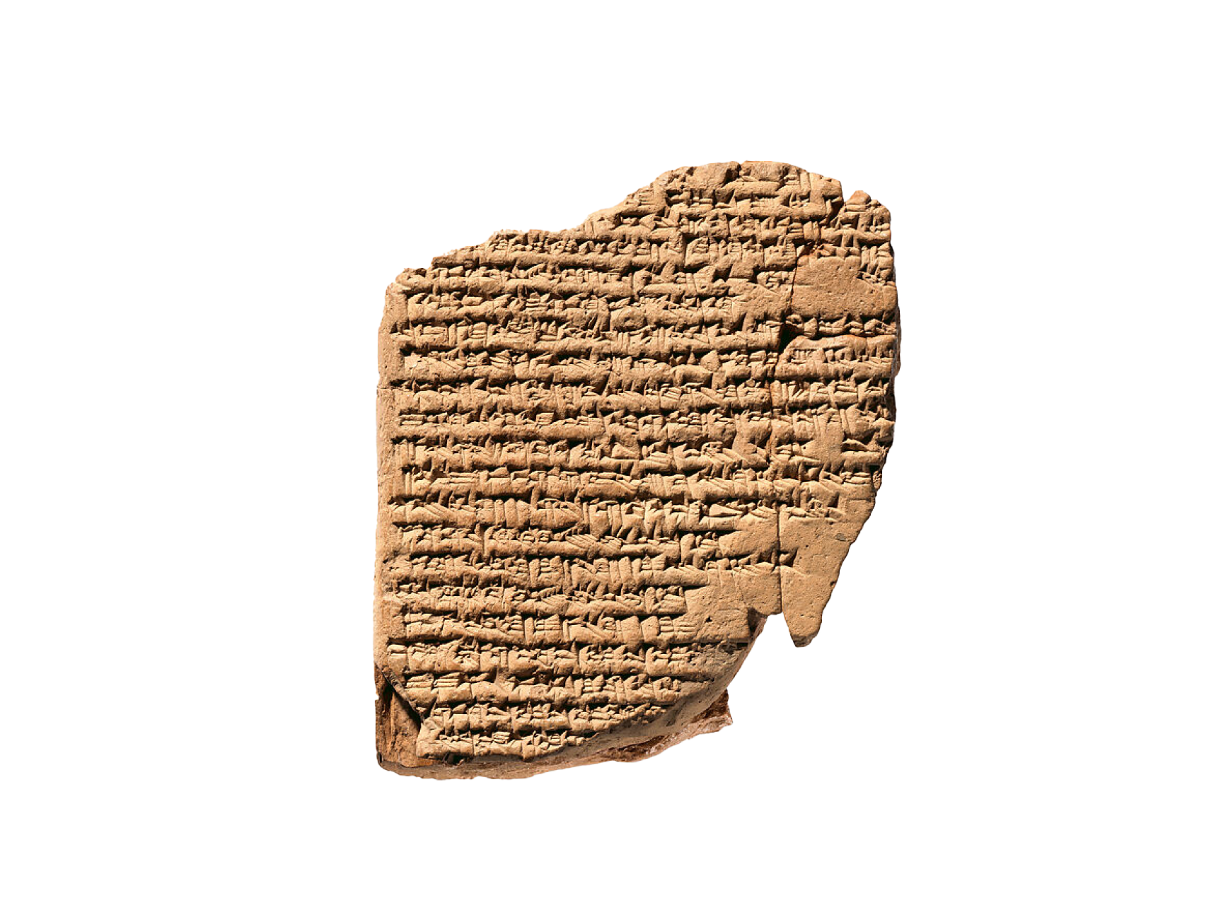 An ancient clay tablet covered in dense cuneiform markings with damage to the upper left and lower right corners. 