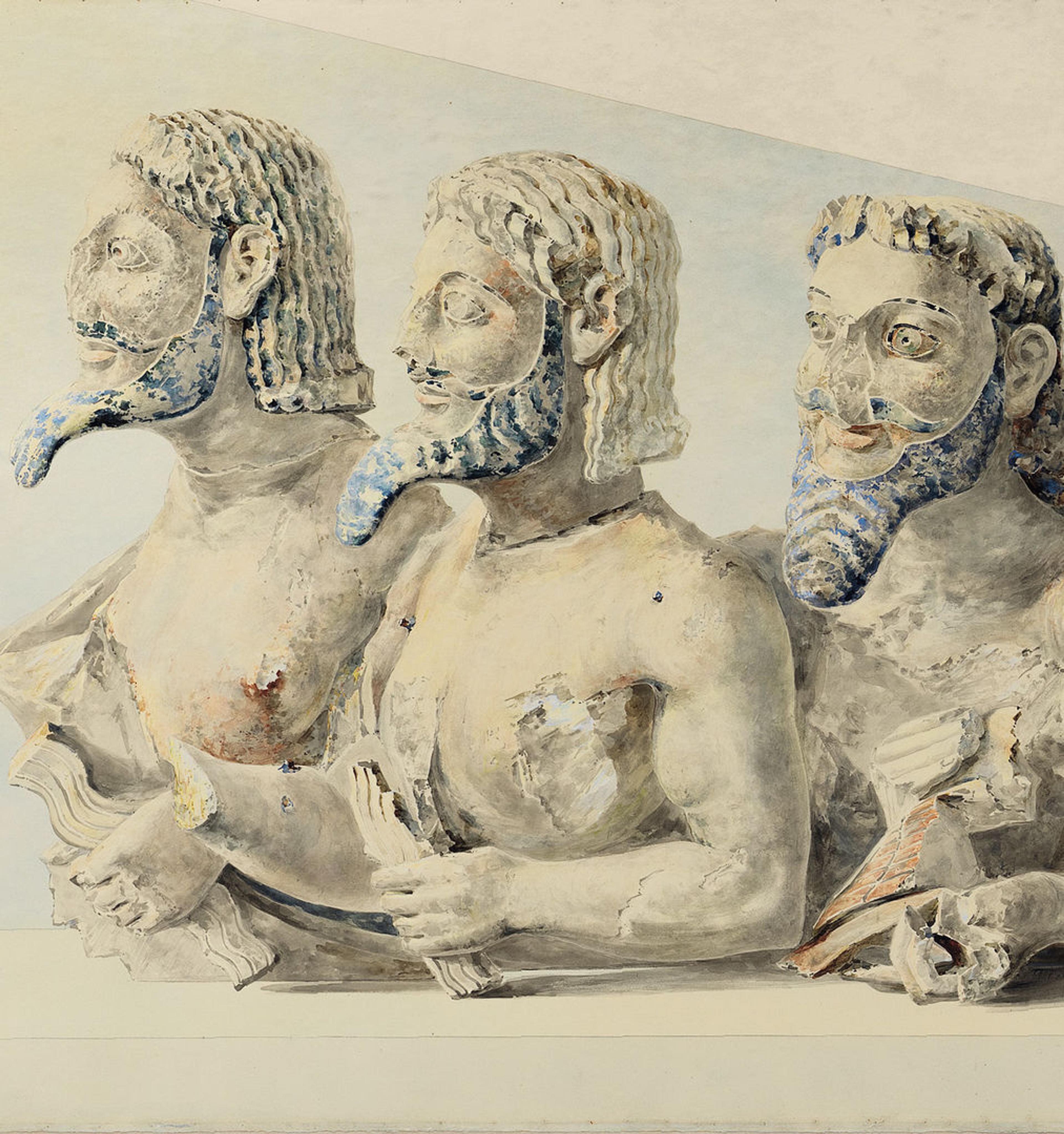 A watercolor depicting three men in profile, each with a long, bluish beard