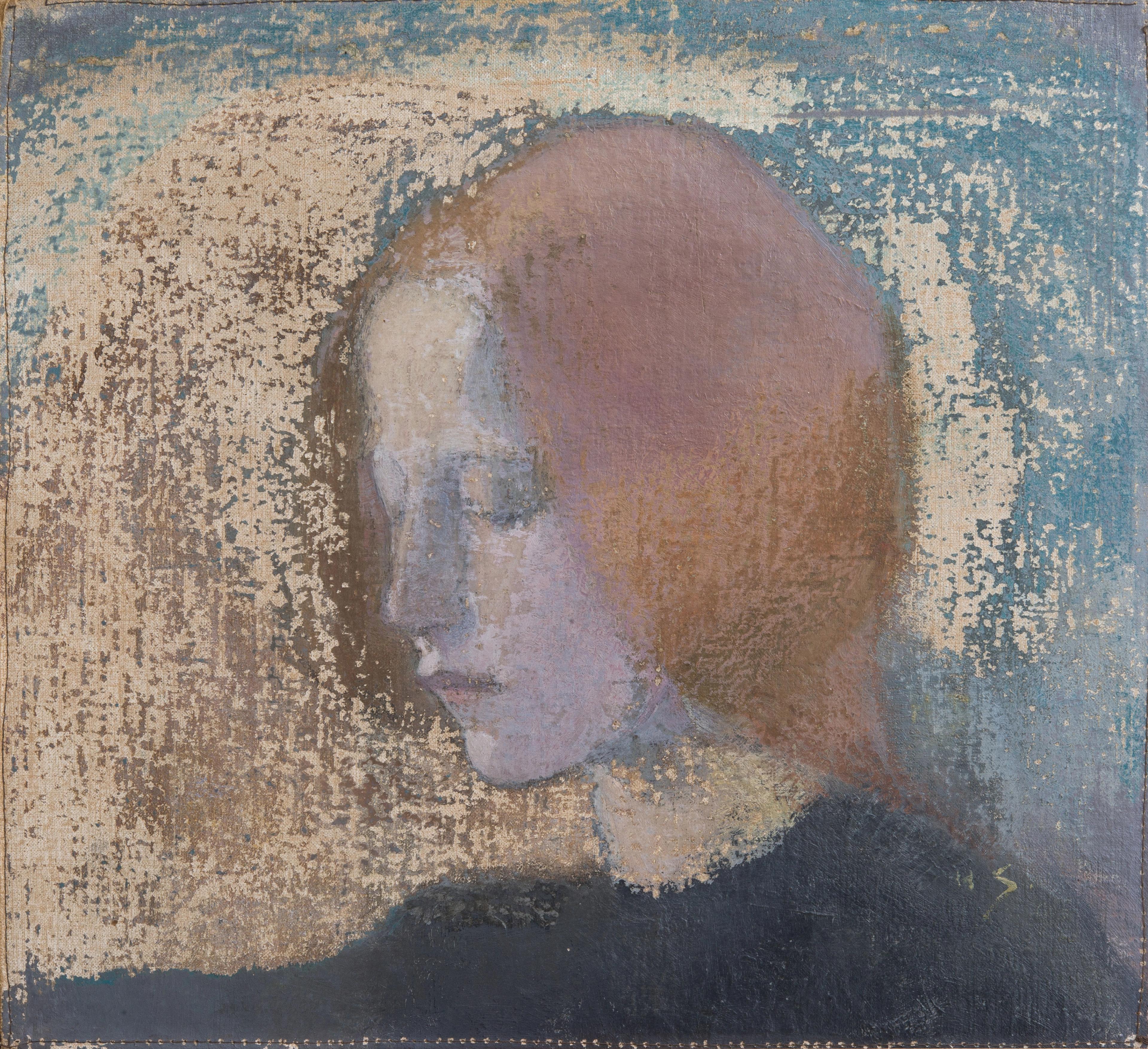 Painting of a woman with red hair in profile against a textured background.