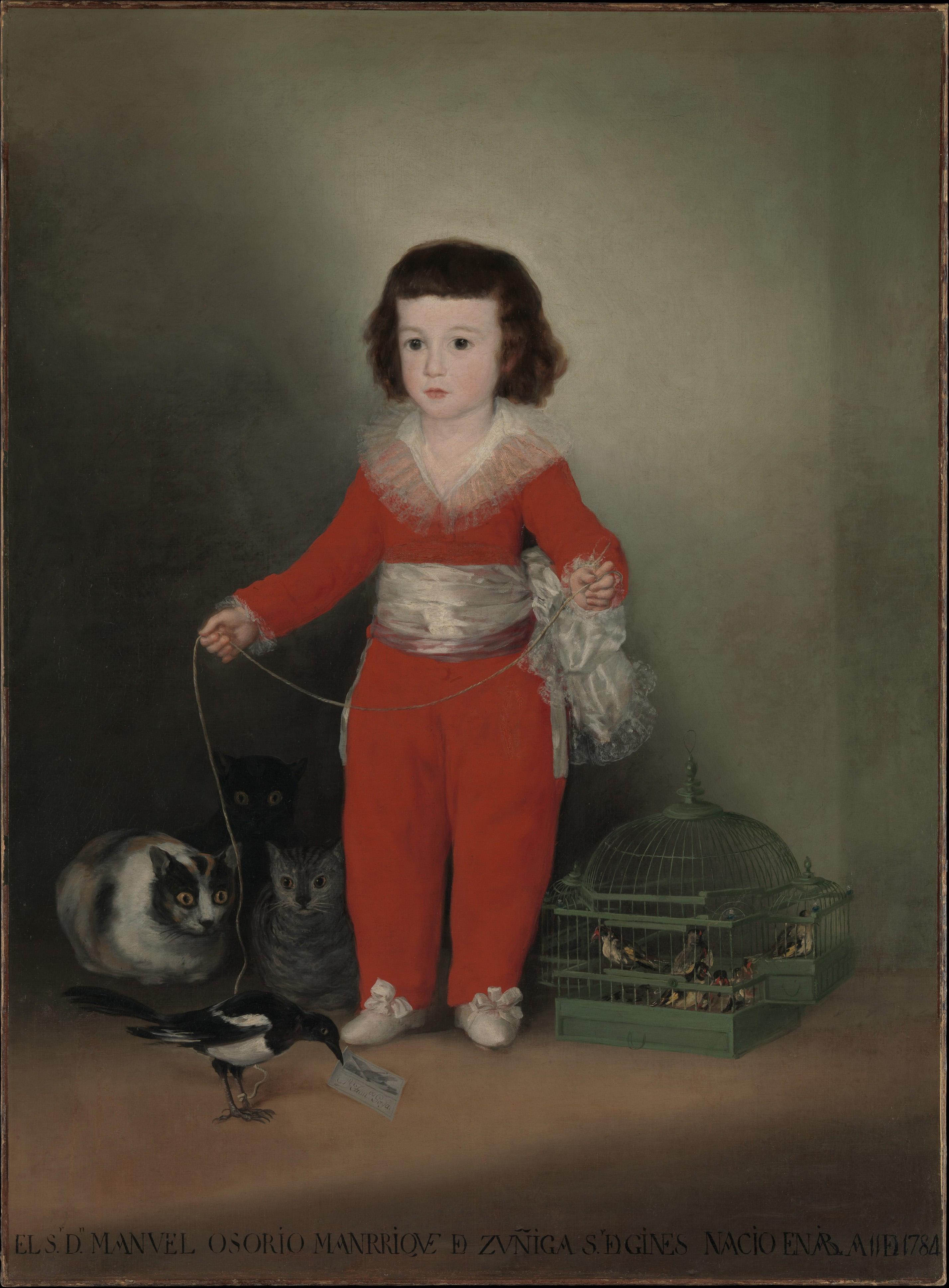 Painting of a boy in a red suit with a metallic sash with pet birds and cats.