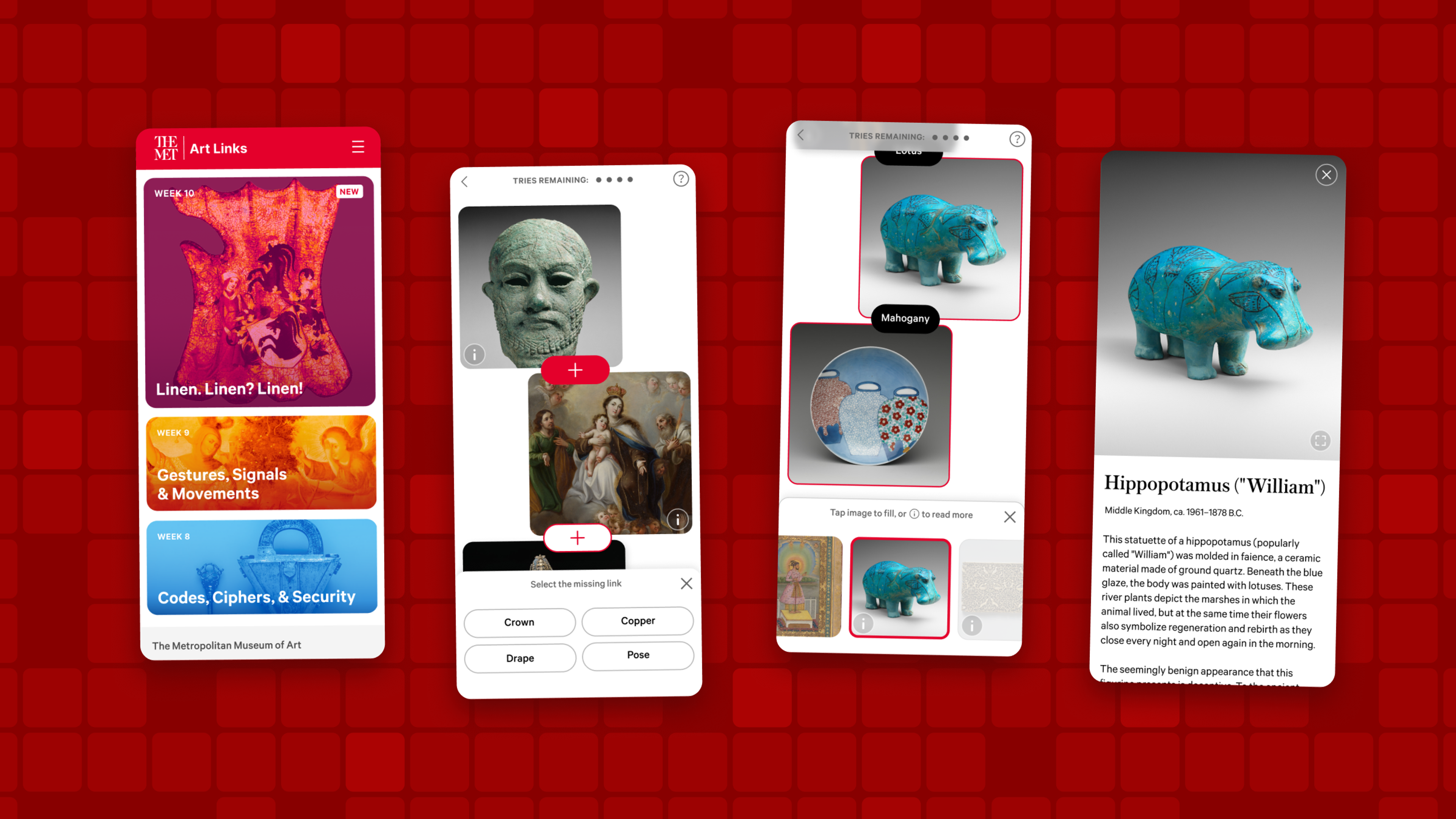 Phone screens with screenshots from a dynamic mobile game featuring art objects across mediums