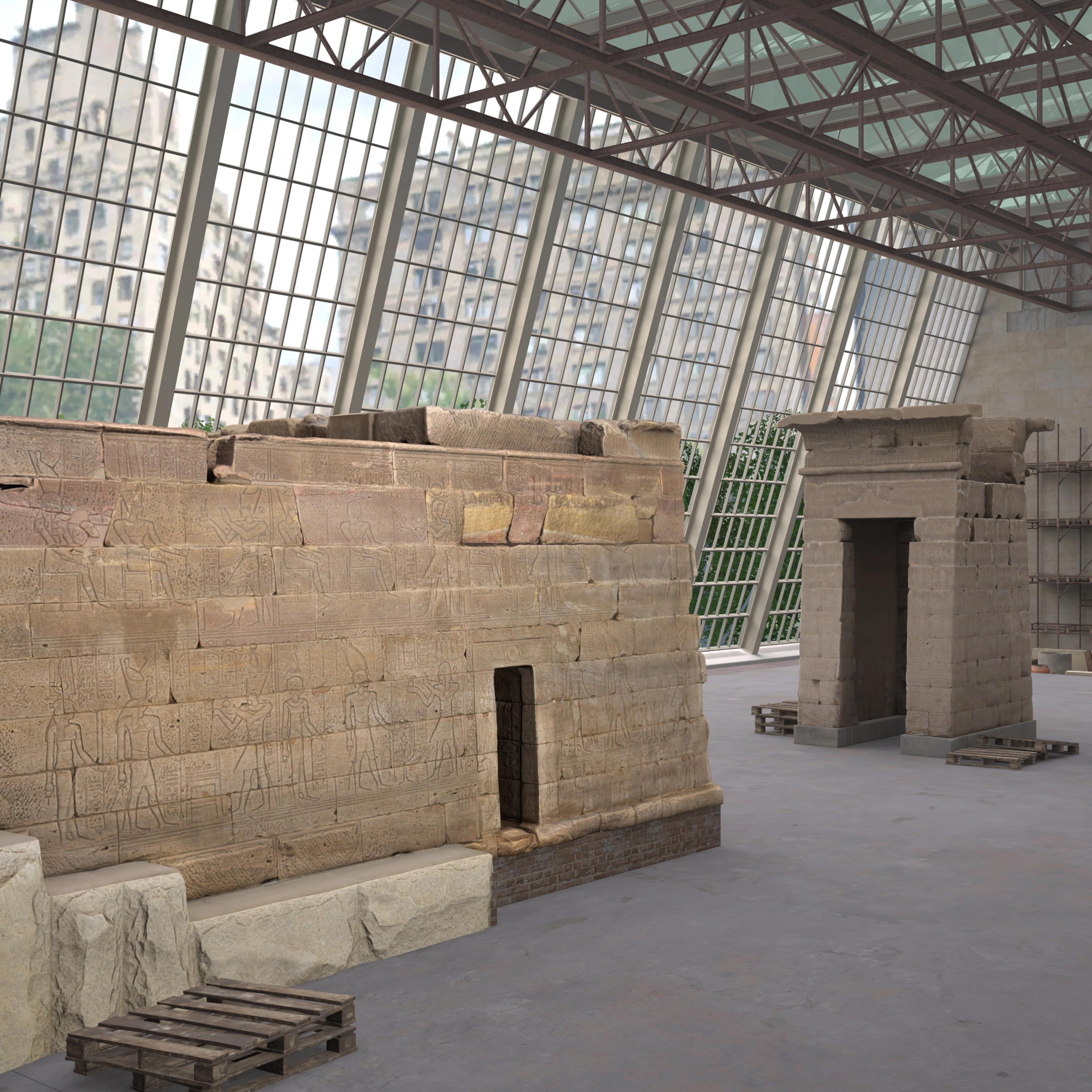 3D rendering of the Temple of Dendur at The Met, with scaffolding and materials showing the temple under construction.