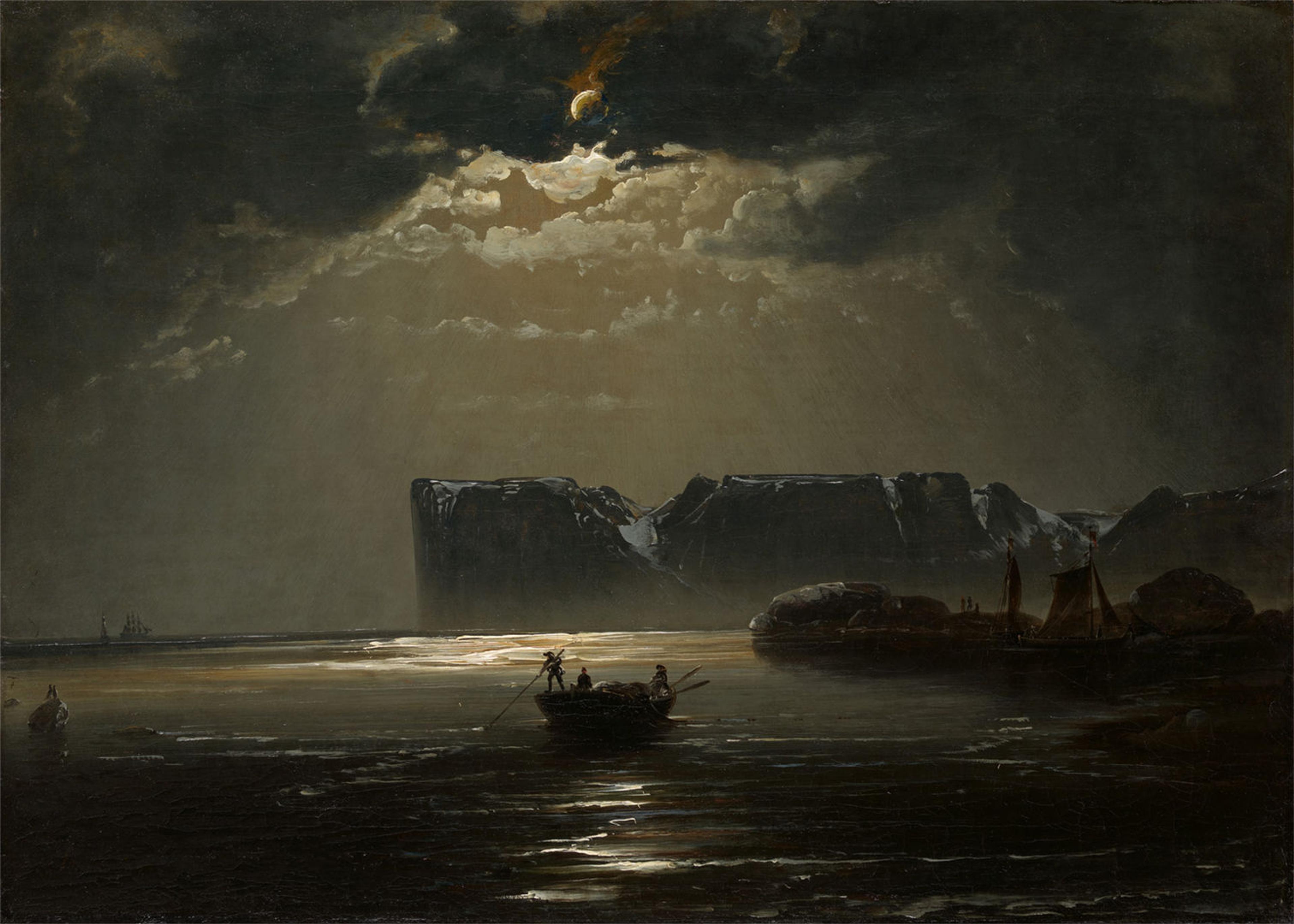 A painting of a moonlit sea, with boats, and off in the distance a large iceburg