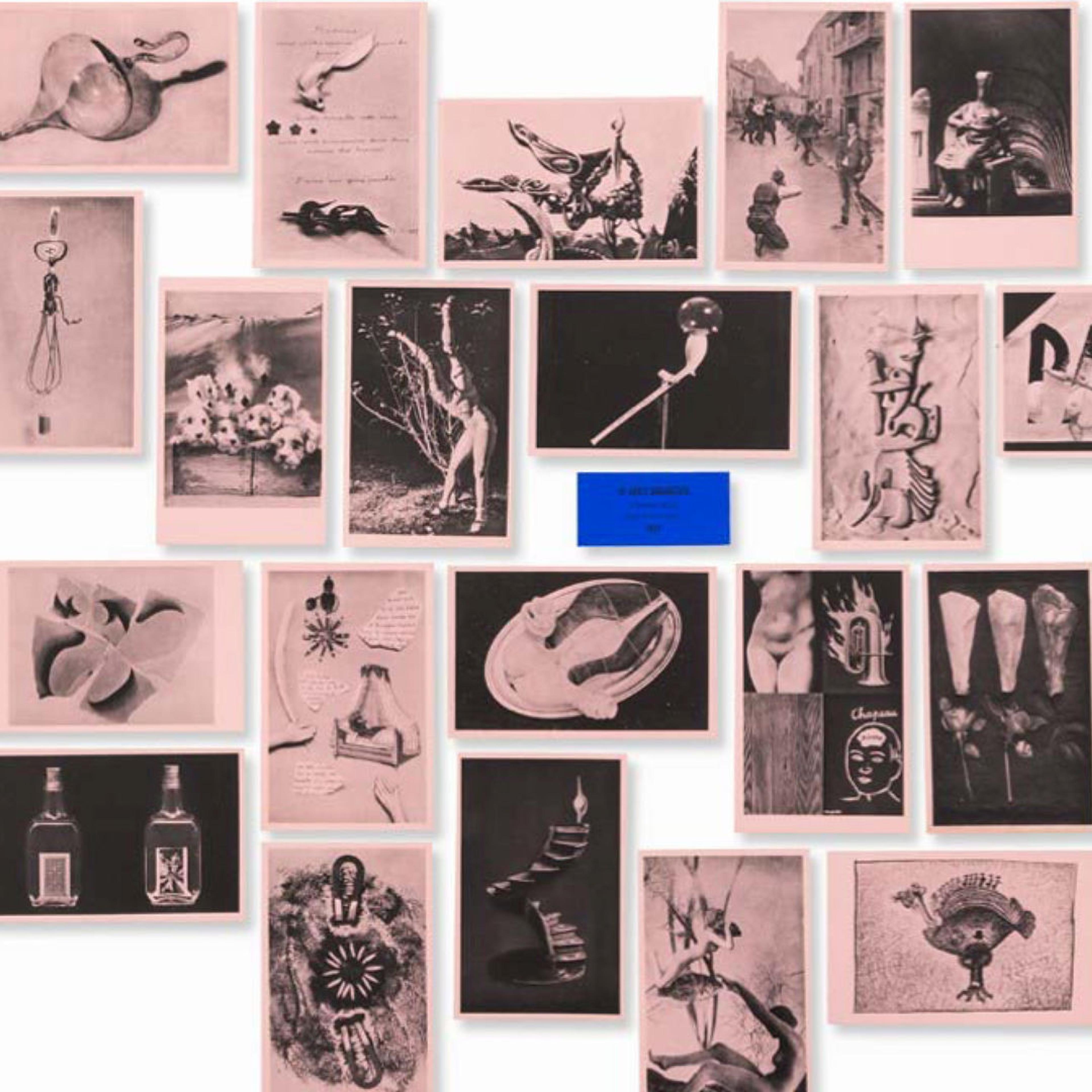 A set of postcards printed on pink woven paper and their original blue title label