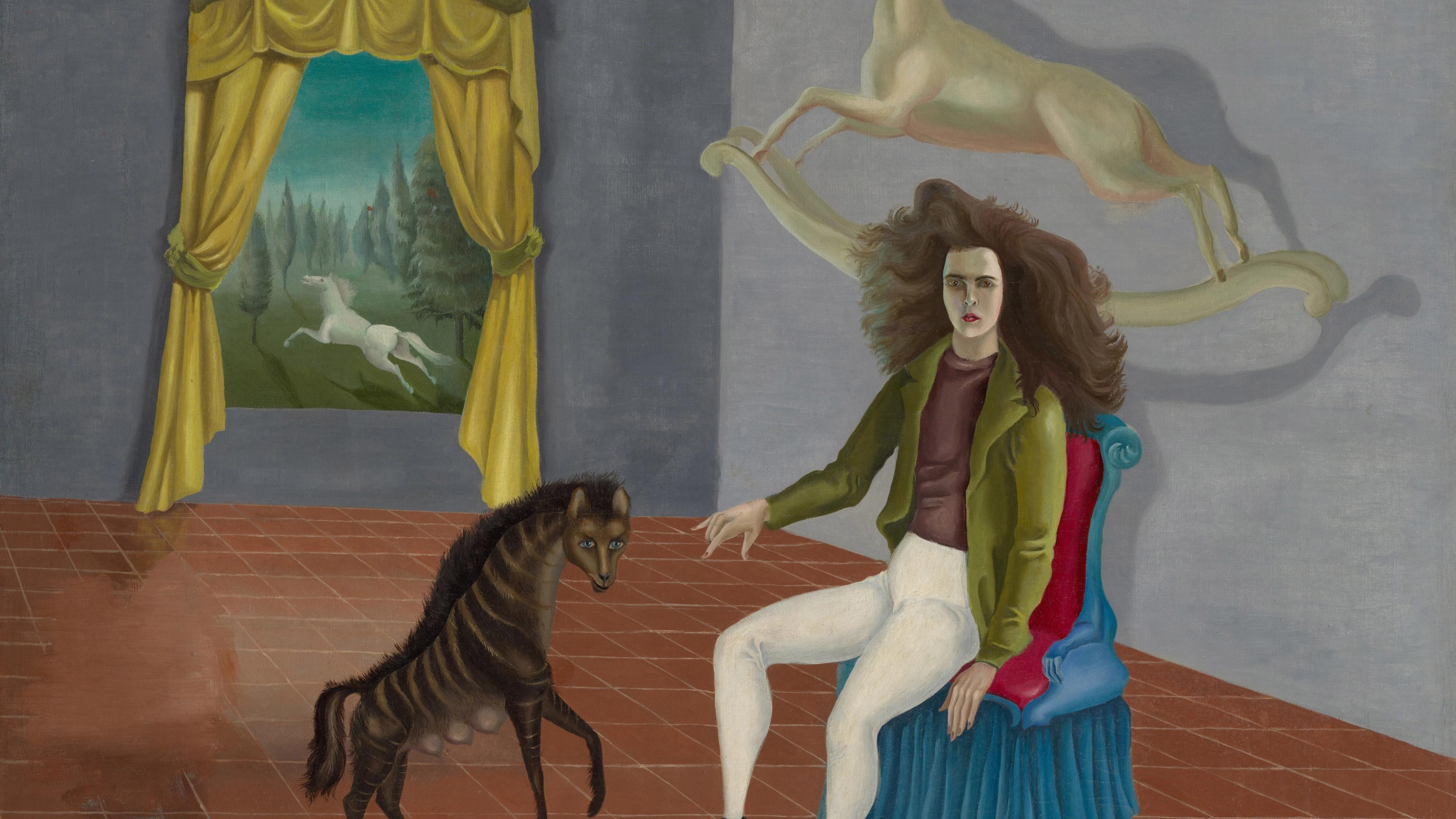 An oil painting of an interior scene featuring a seated figure in a colorful chair, interacting with a small, dark horse with large rocking horse on a one back wall facing a large window with yellow drapes.