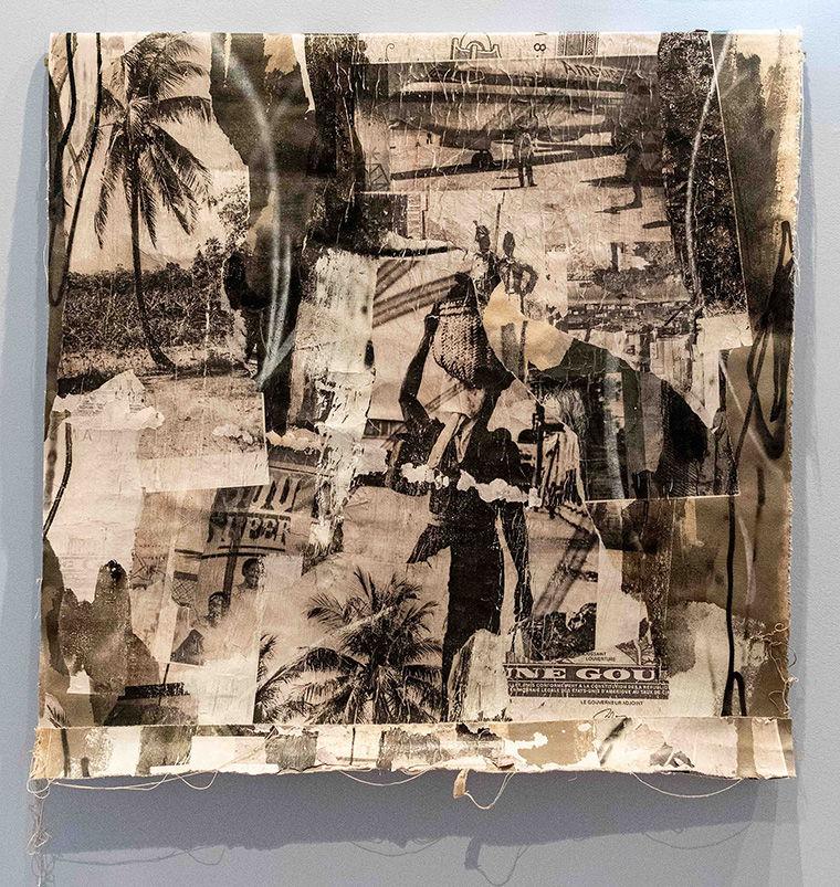 Abstract collage of images showing palm trees and people