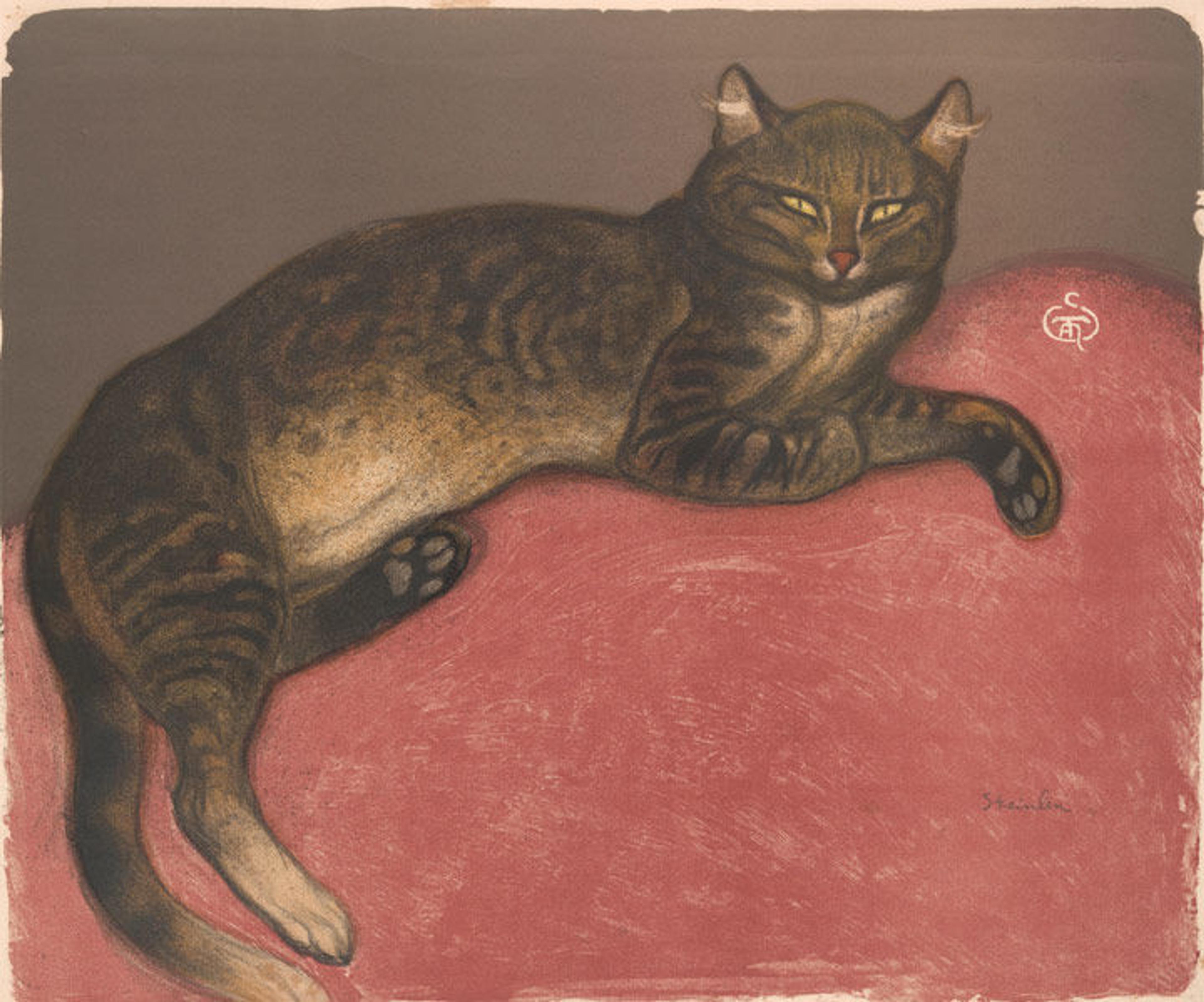 Théophile-Alexandre Steinlen color lithograph of a tabby cat lounging on a plush pillow