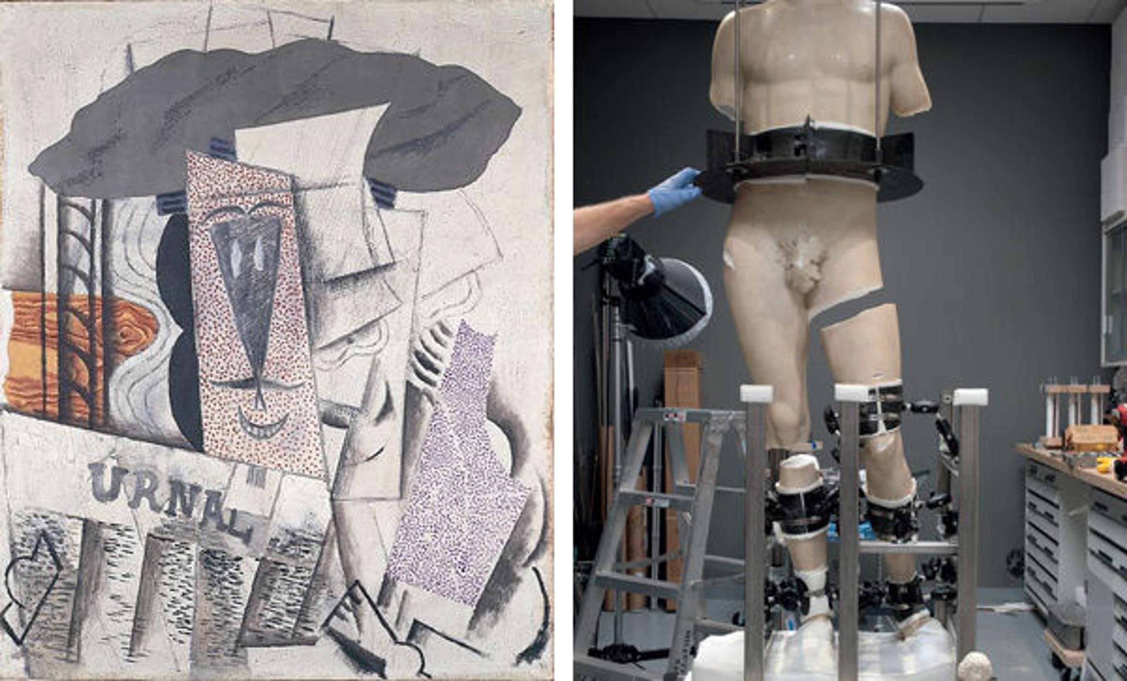 Left: Pablo Picasso (Spanish, 1881–1973). Student Reading a Newspaper (L’étudiant au journal), Winter 1913-14. Oil and sand on canvas; 28 3/4 × 23 1/2 in. The Metropolitan Museum of Art, New York. Promised Gift from the Leonard A. Lauder Cubist Trust © 2014 Estate of Pablo Picasso /Artist Rights Society (ARS), New York | Right: Tullio Lombardo's Adam during restoration