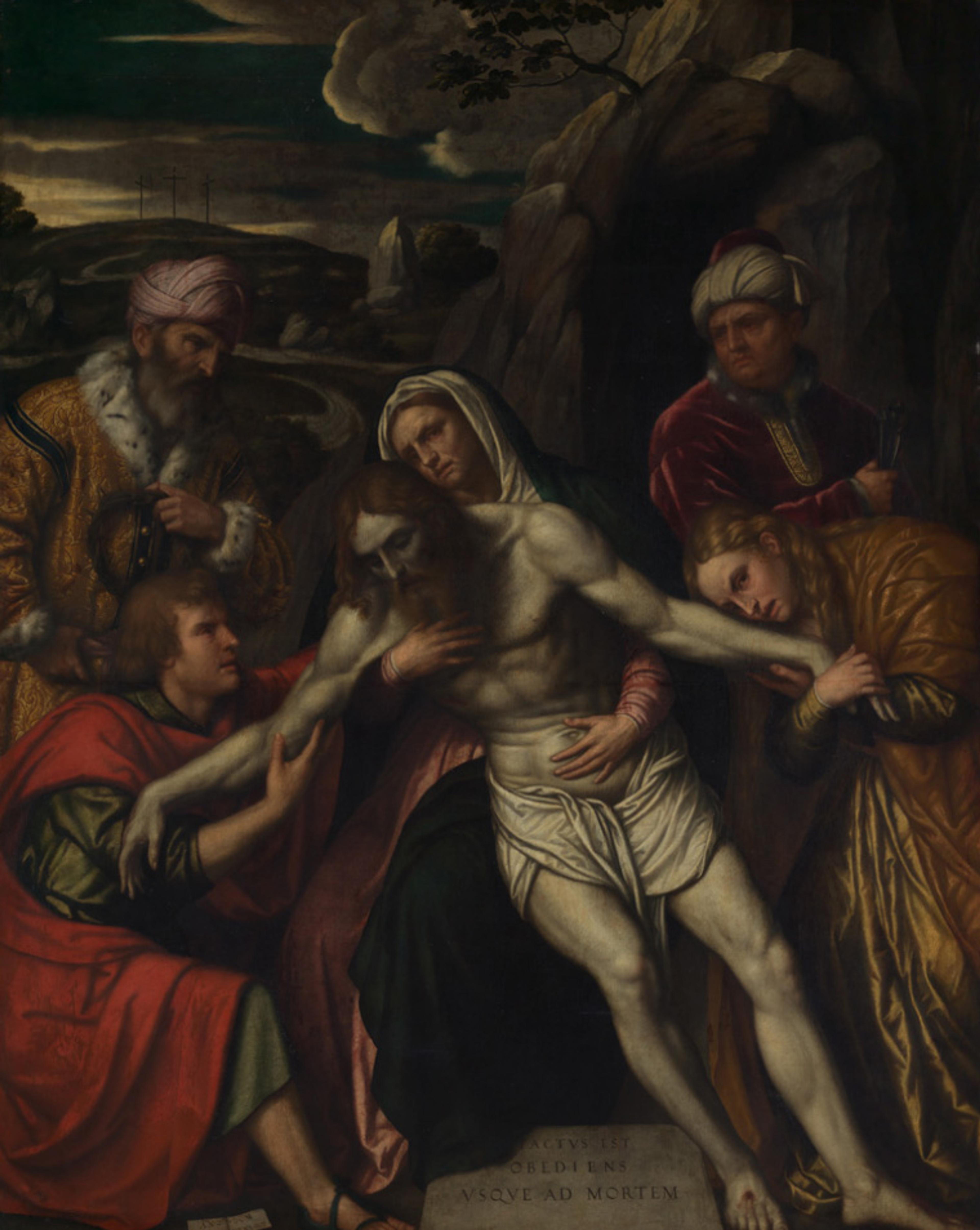 An entombment scene by the Italian painter Moretto da Brescia, showing Christ after the Crucifixion surrounded by the Virgin Mary, Mary Magdalen, and followers