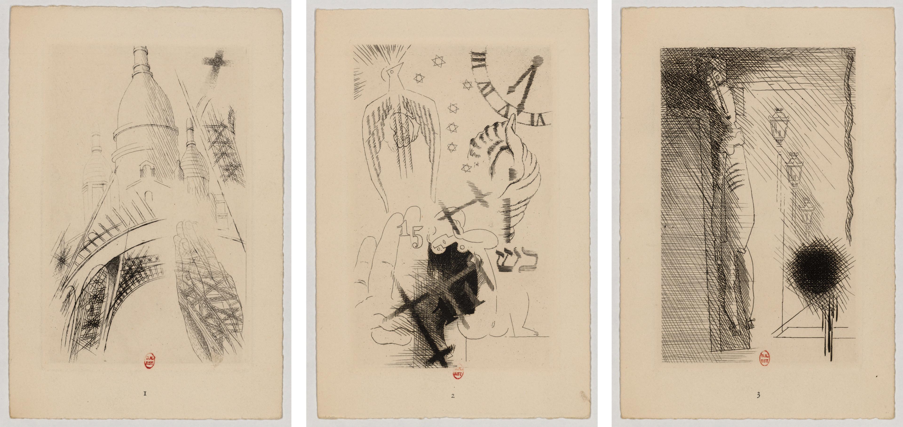 First image is of Louis Marcoussis, illustrations for Guillaume Apollinaire's Zone, Louis Marcoussis, illustrations for Guillaume Apollinaire's Zone, third etching.Louis Marcoussis, illustrations for Guillaume Apollinaire's Zone, second etching, third image is of first etching. Le voyageur : [planche 13]. 15 x 9.5 cm, second image is of 