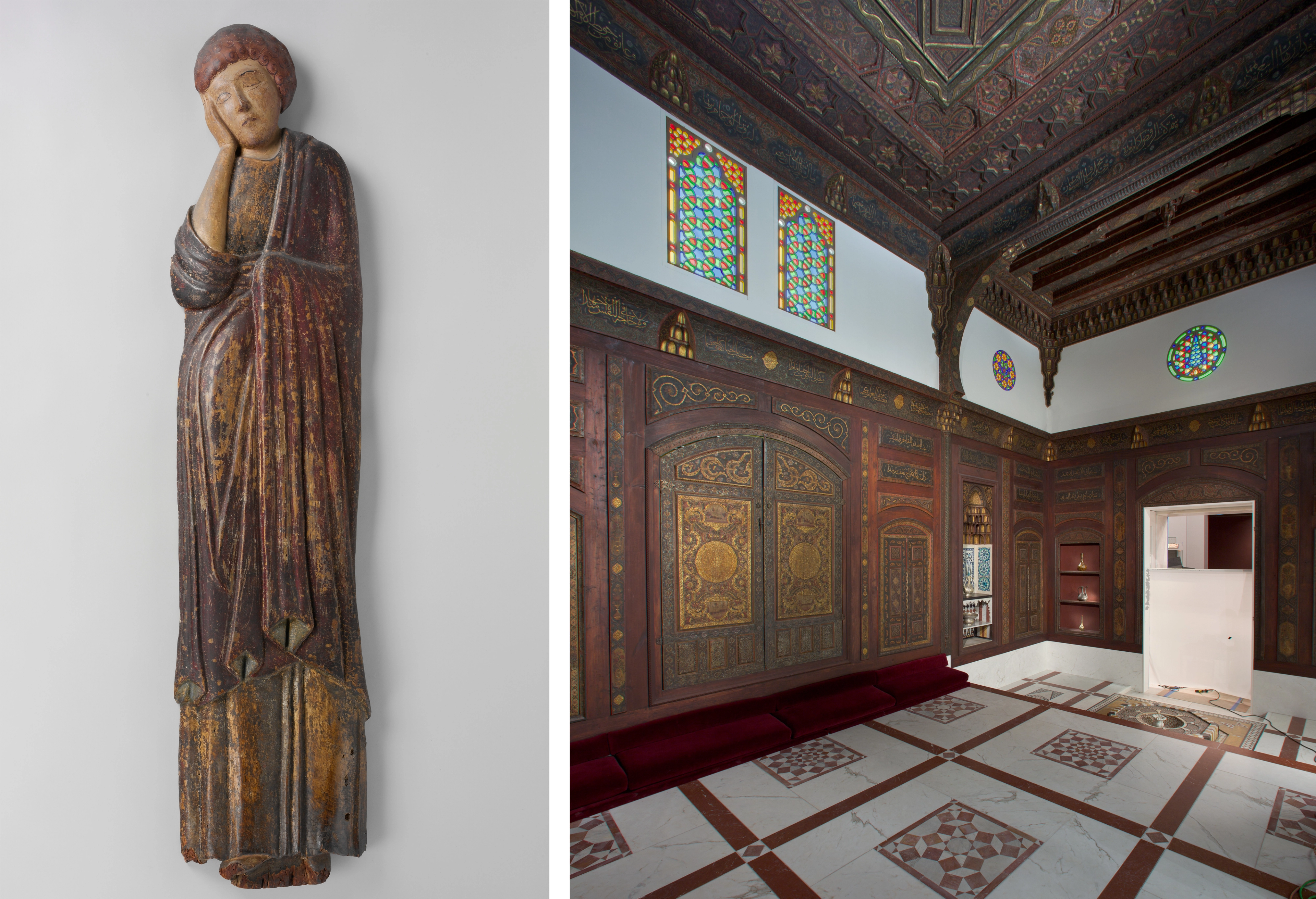 At left, wooden sculpture of St. John resting his face in his hand, and at right, a Syrian sitting room with geometric tiles, ornate wood paneling, and colorful mosaic windows.