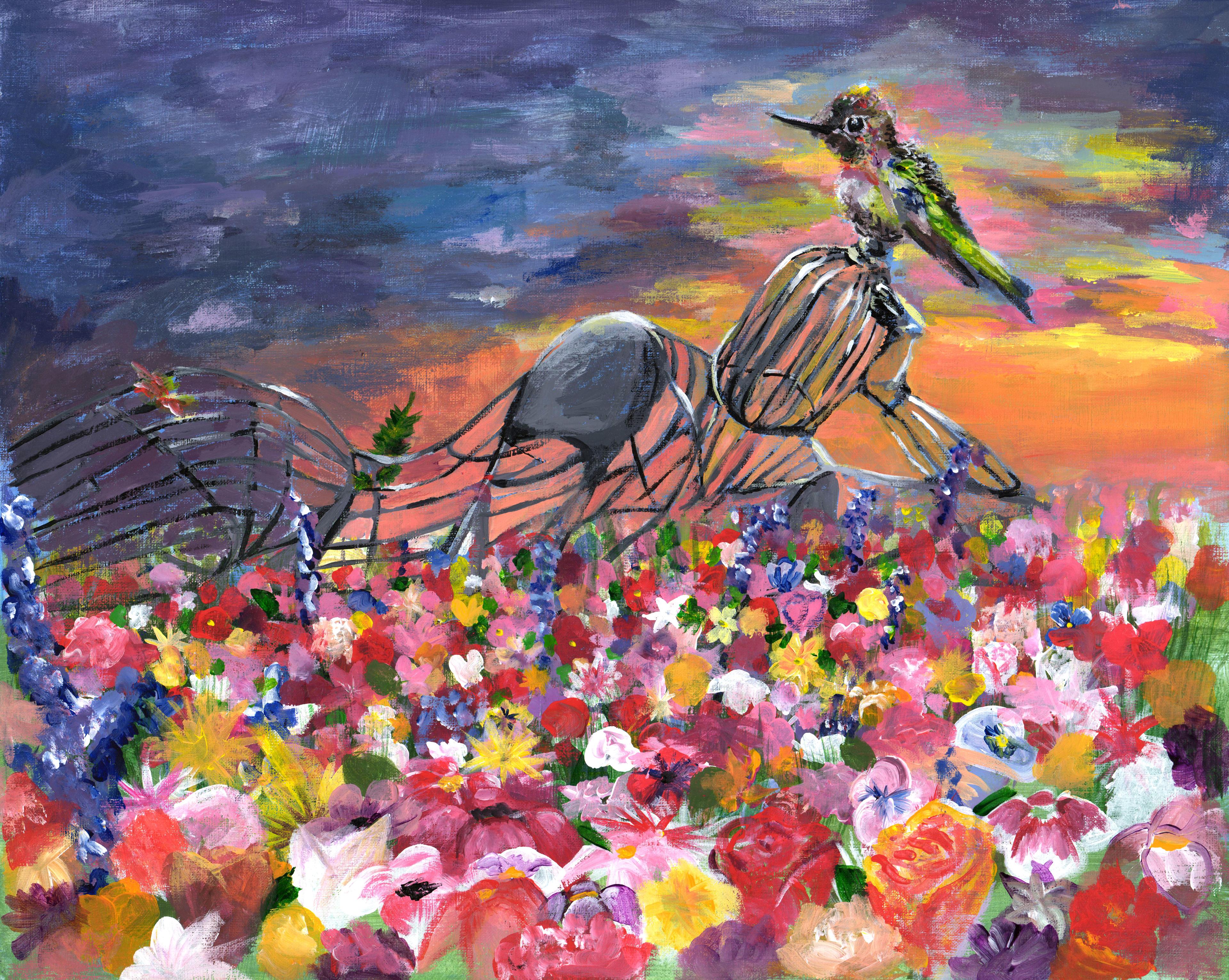 Acrylic painting of a small yellow and black bird facing left, perched atop the broken, warped, stretched remnants of an opened birdcage that sits on a large field covered in flowers of many colors. The sky above is dark blue at the top, changing to a sunrise orange behind the perched bird.