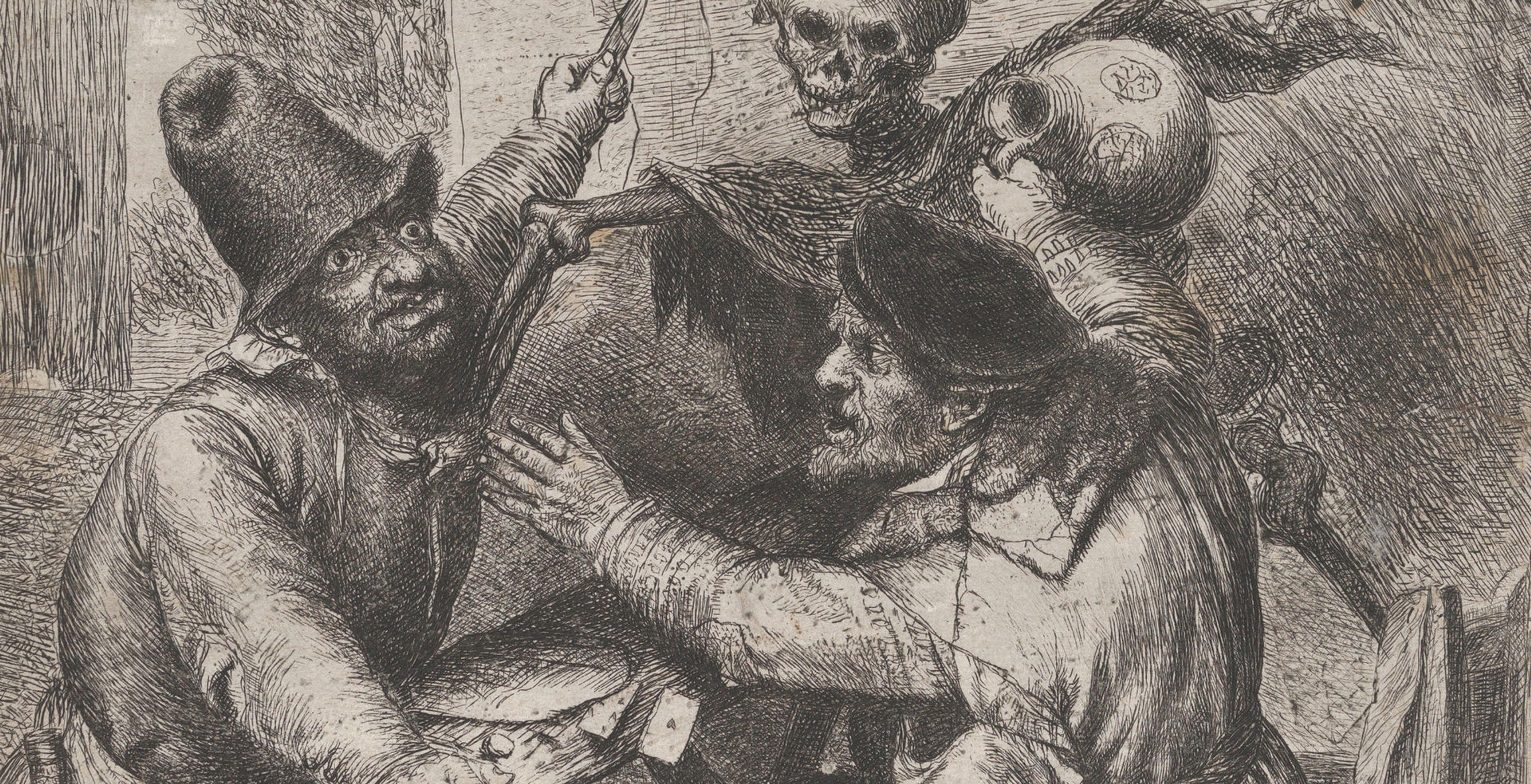17th century etching of two peasant card players and a skeleton representing death