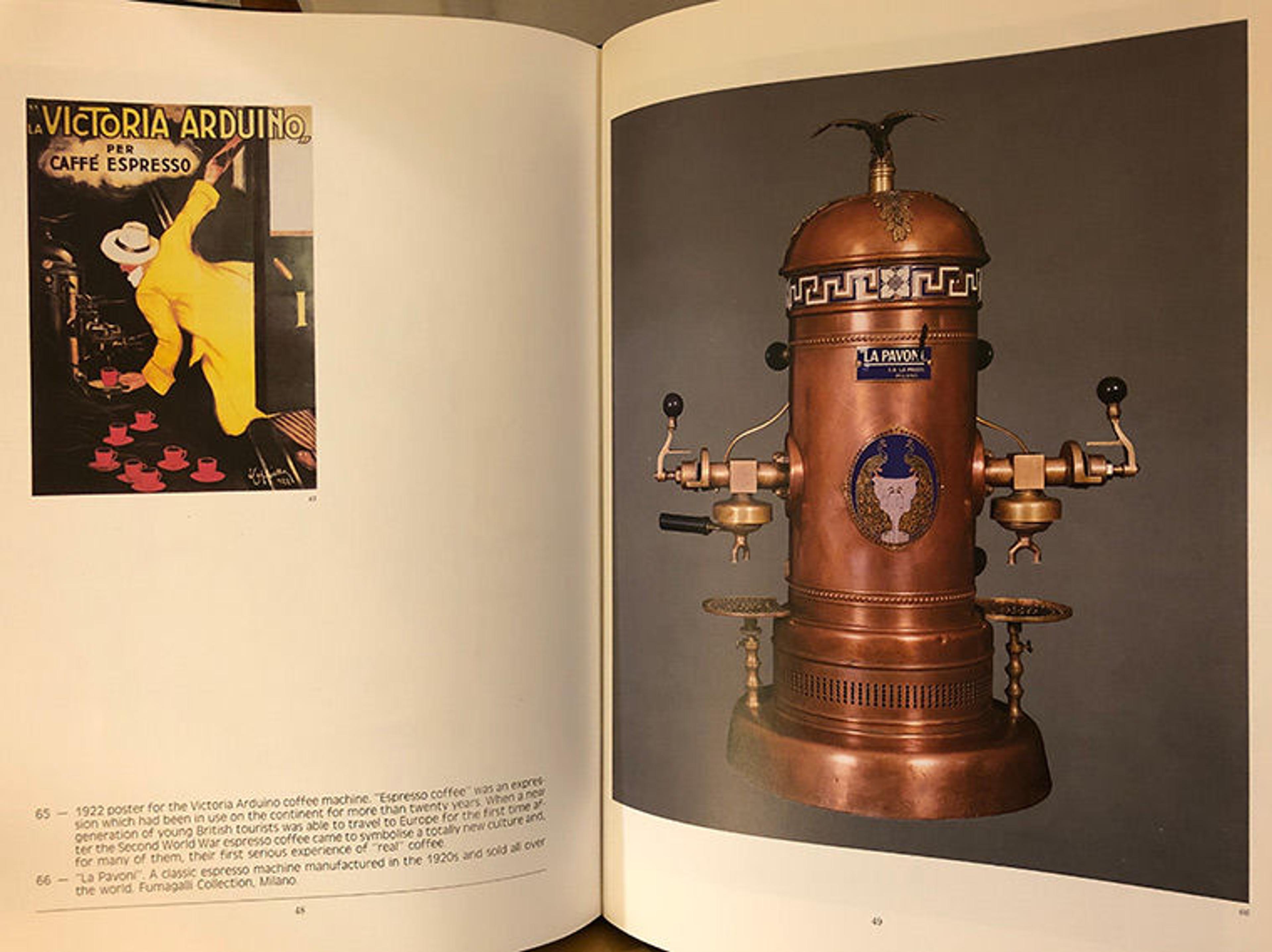 Open book with illustration of coffee urn