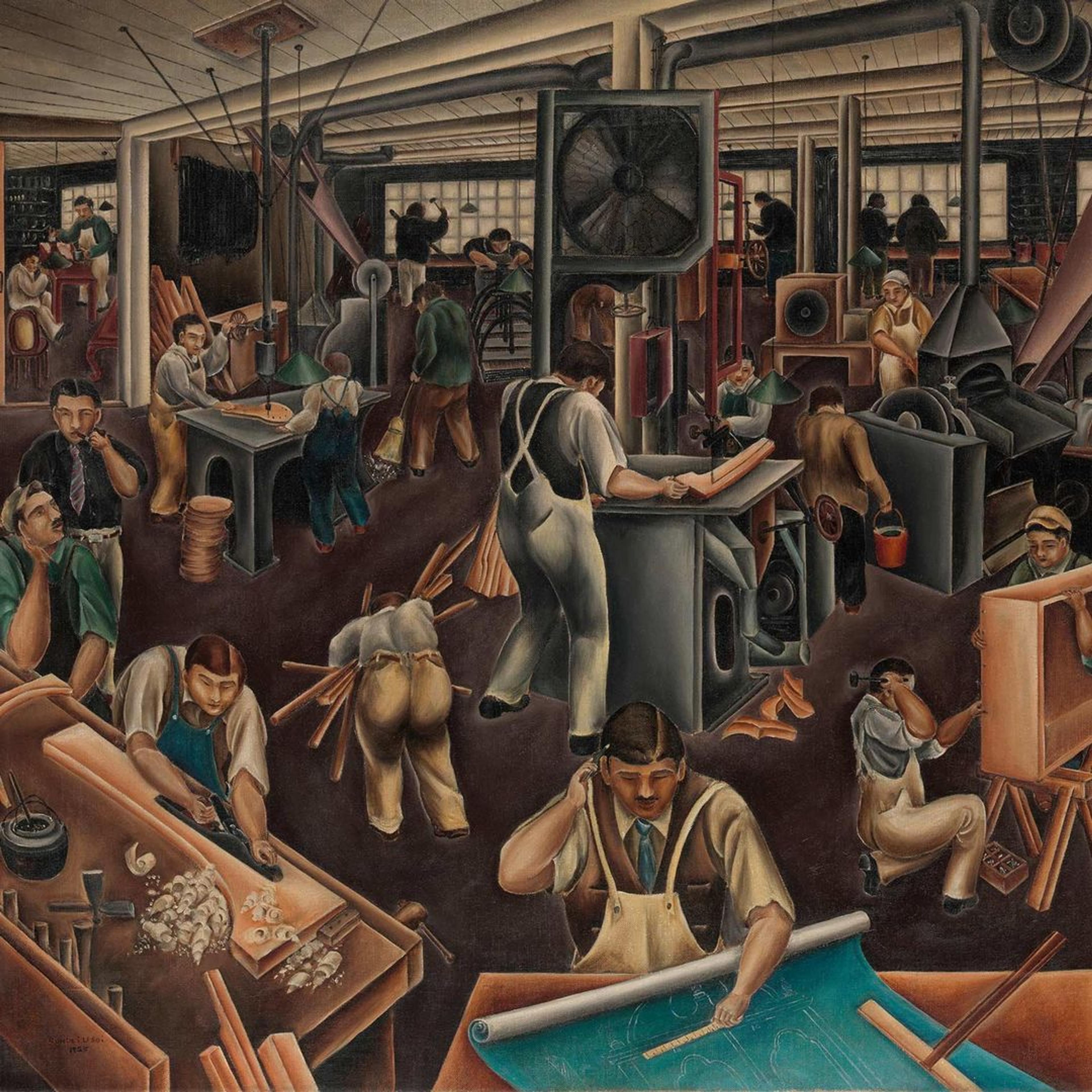 Two suited men walk in opposite directions in a large room with white walls covered by large paintings