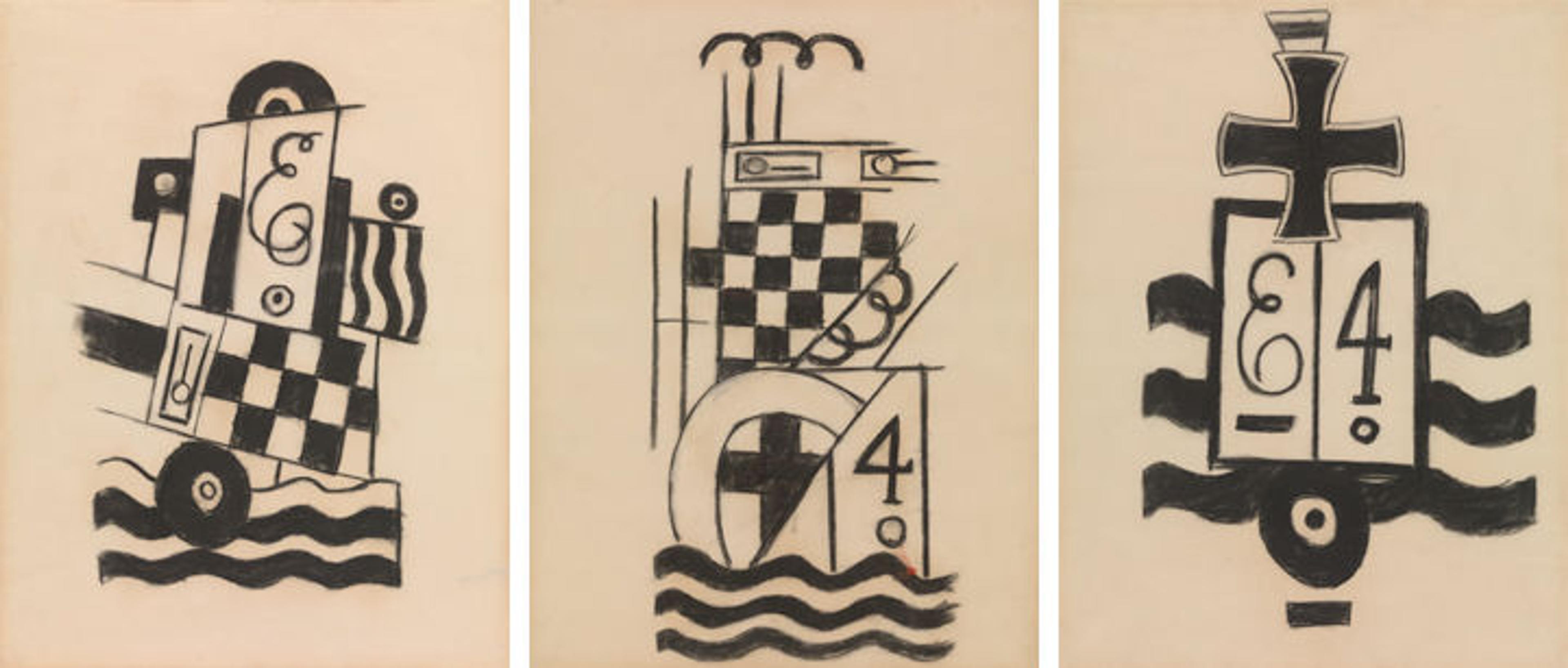 Three different charcoal drawings of military symbols by Marsden Hartley