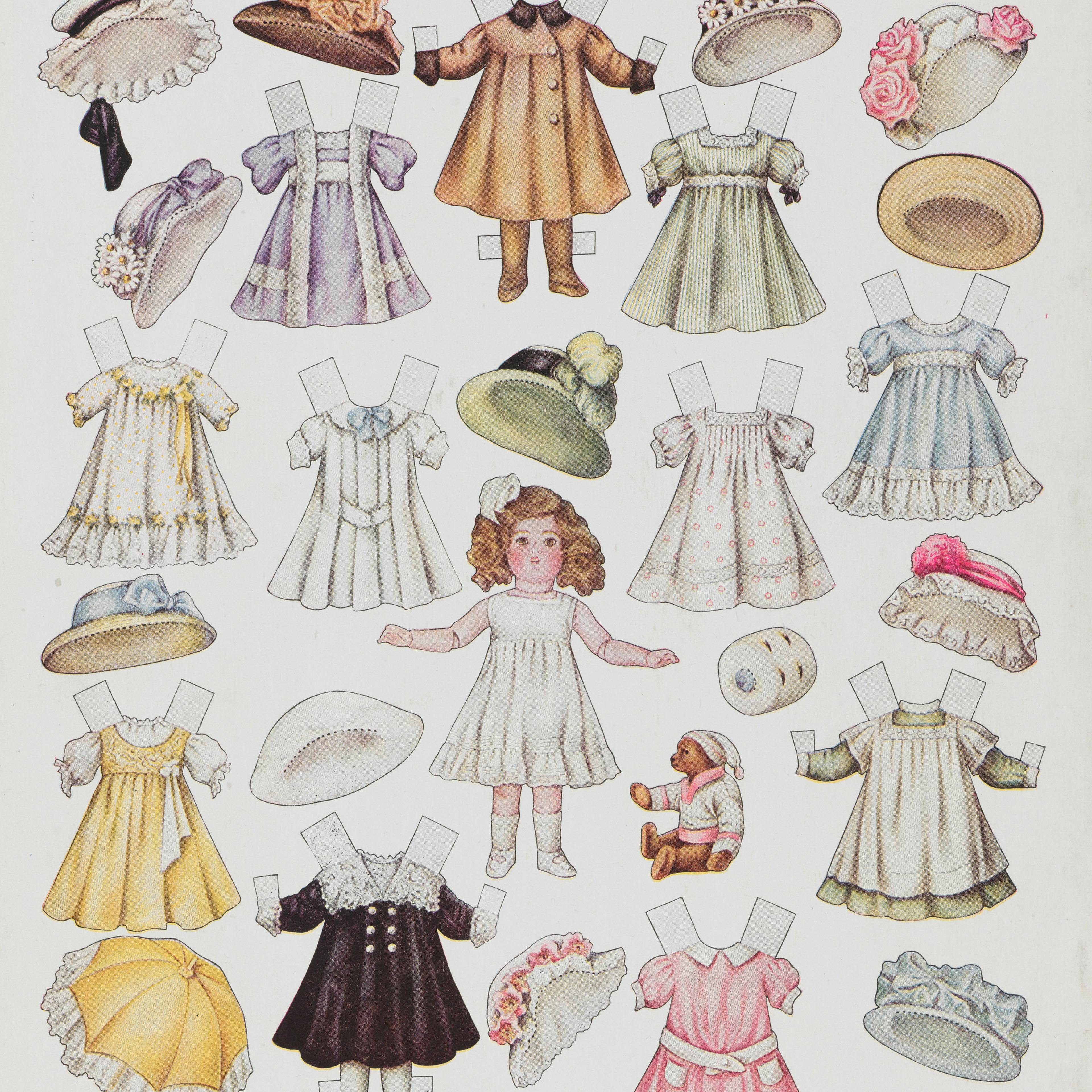 A sheet of paper with a figure and cutout outfits for dressing up paper dolls.