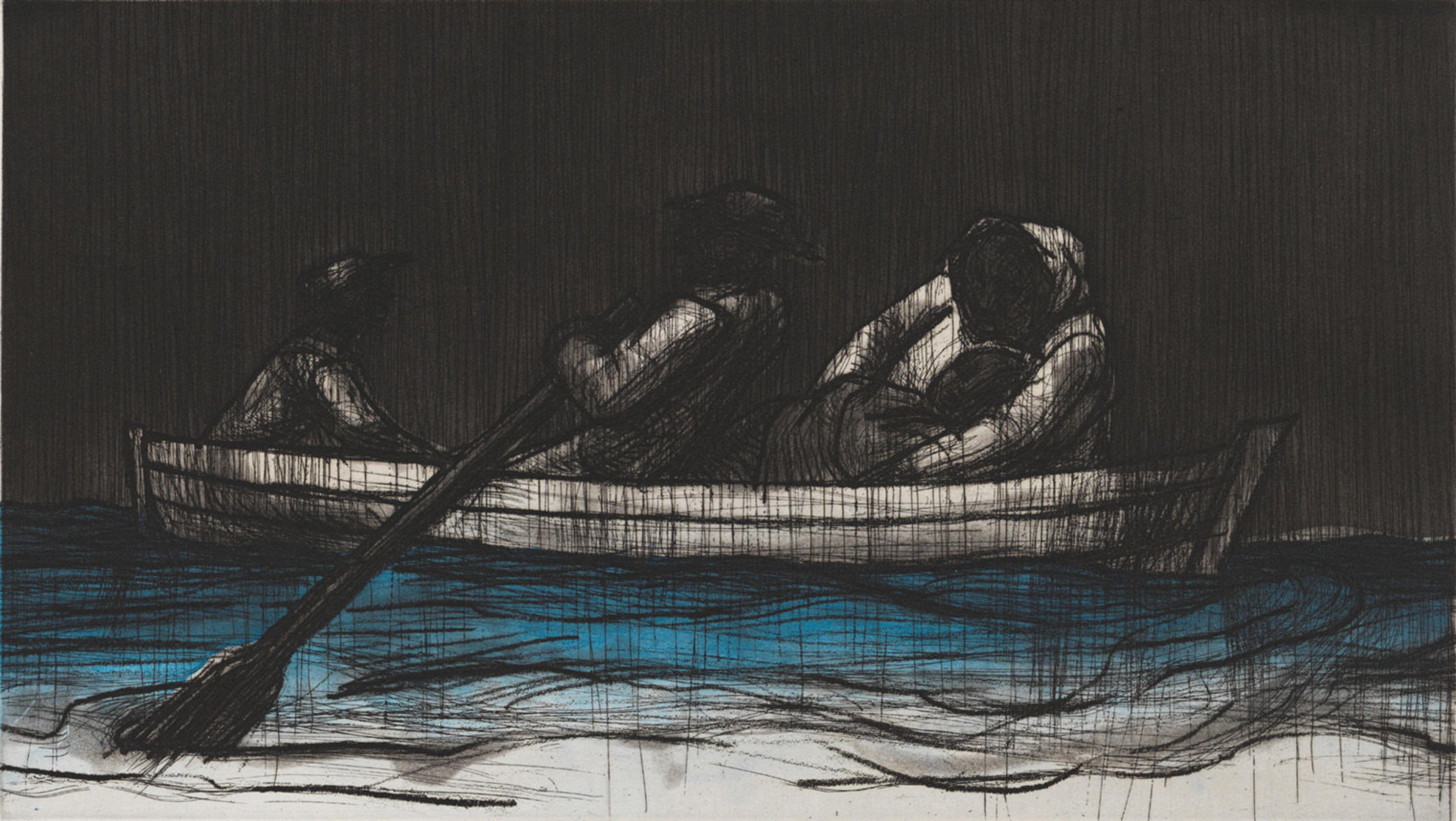 Dark drawing with a tinted white sailboat with black figures paddling the blue water.