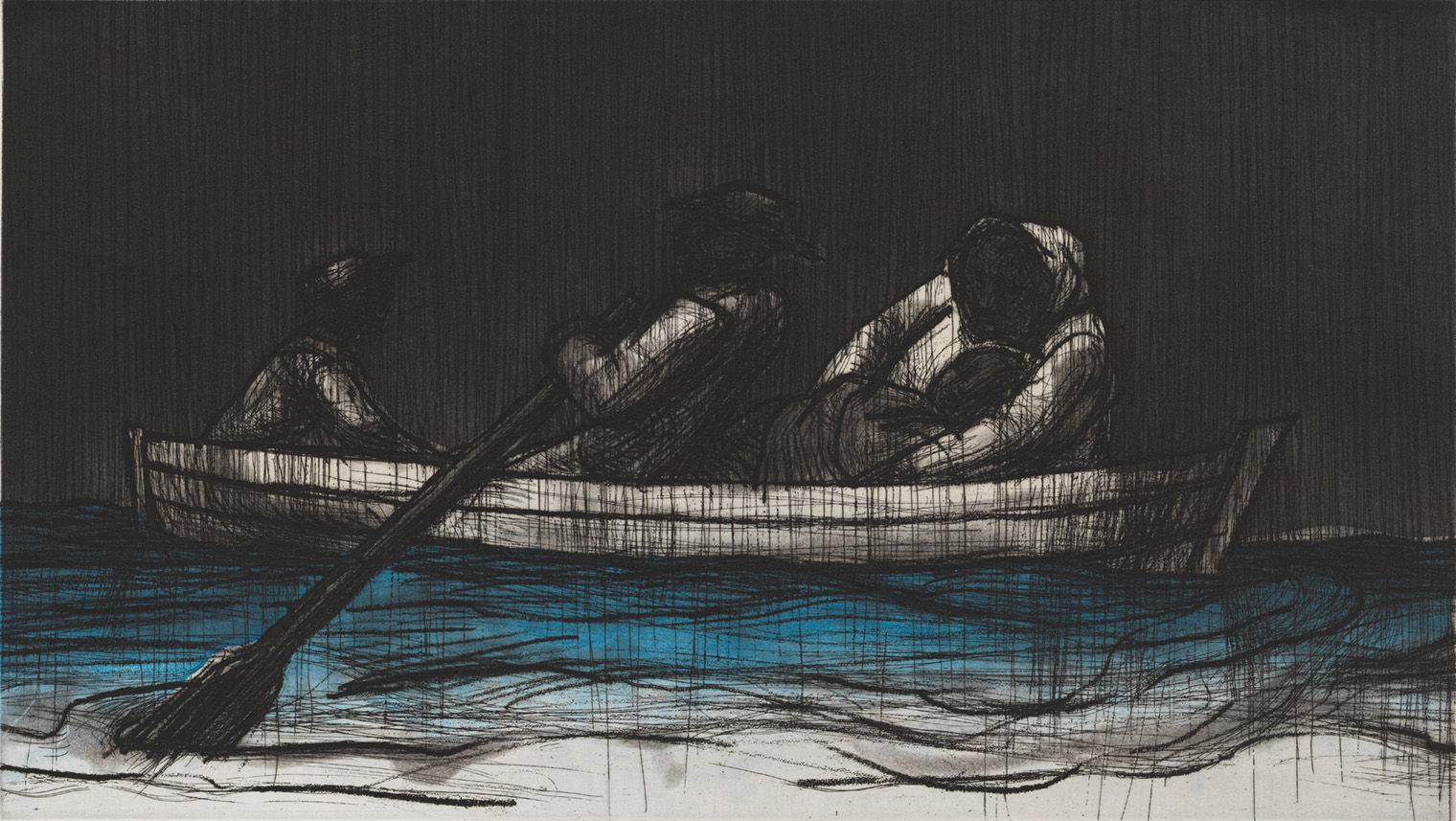 Dark drawing with a tinted white sailboat with black figures paddling the blue water.