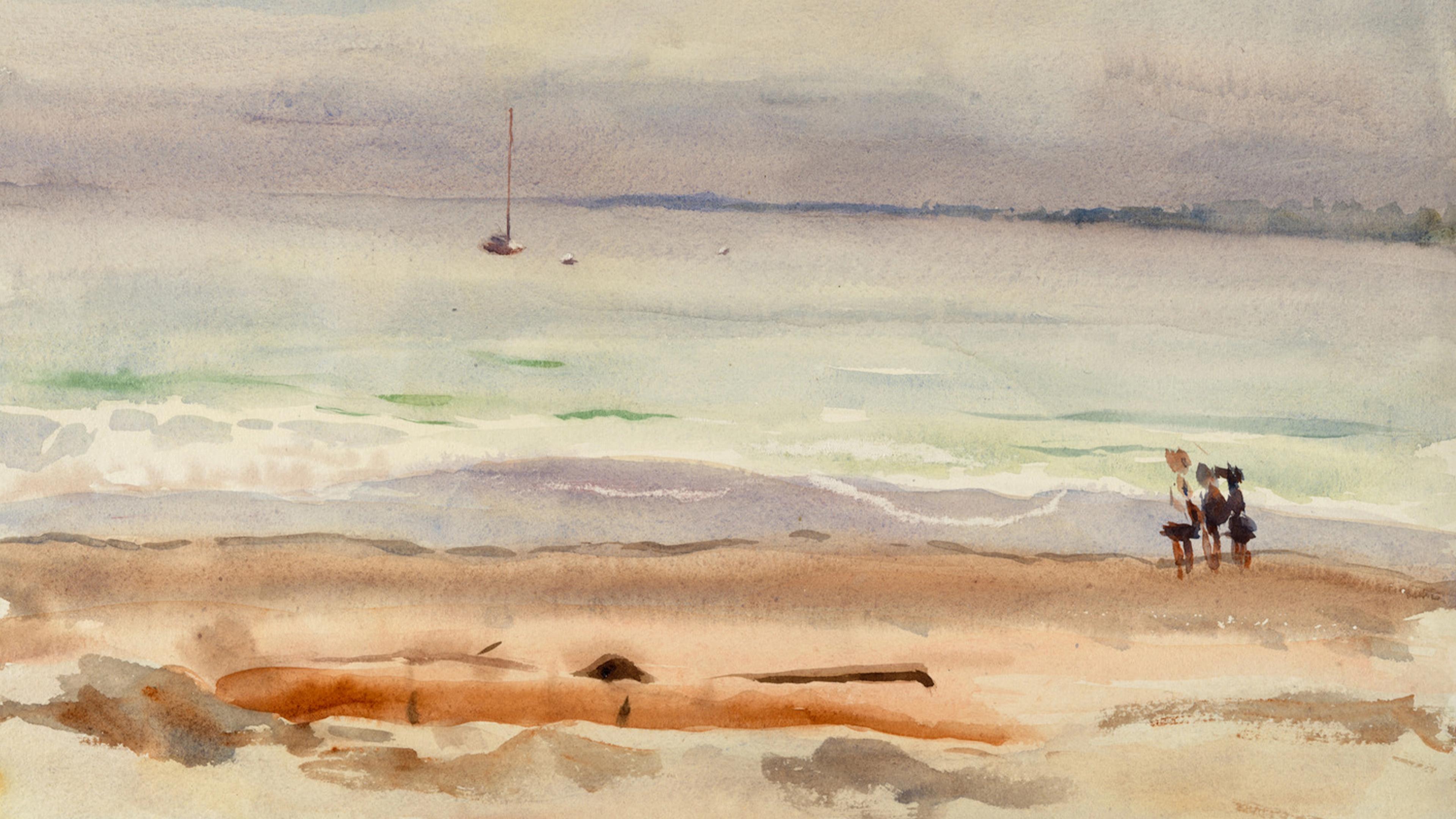 Watercolor painting of a tranquil beach scene. A sailboat drifts on the calm sea, while two people walk along the shore. 