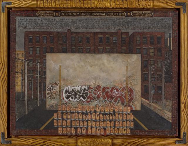 A graffitied concrete wall in a blacktop court, surrounded by chain-link fencing. Rows of hands expressing different signs fill the court in front of the wall.