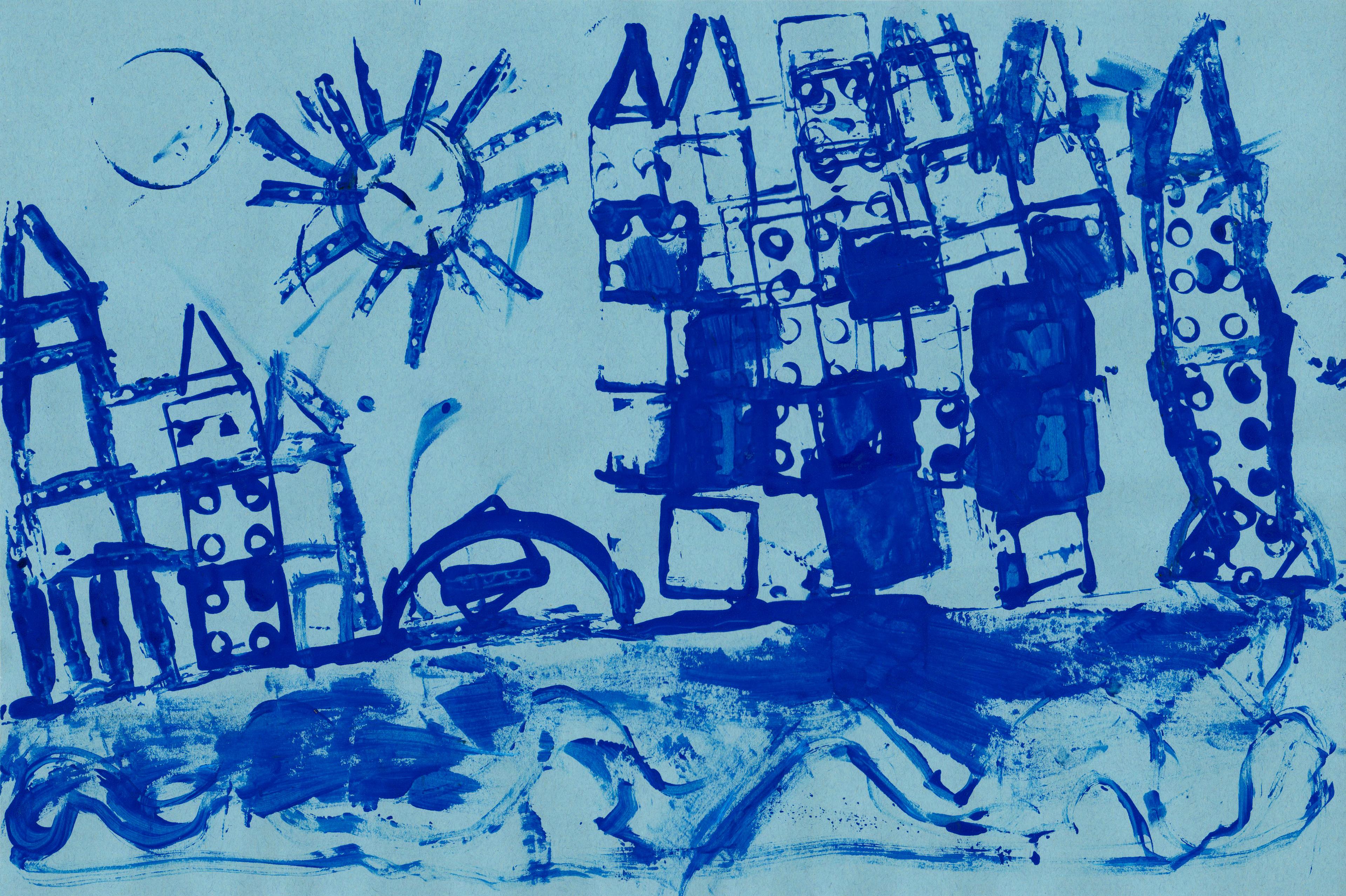 Tempera drawing of a deep blue cityscape drawn by stamping various objects dipped in dark blue paint on a light blue–paper background. Towers in the shapes of rectangular Lego bricks with triangular roof tops rise from the ground, and a round sun with extending light beams hangs in the air near the top center of the image.
