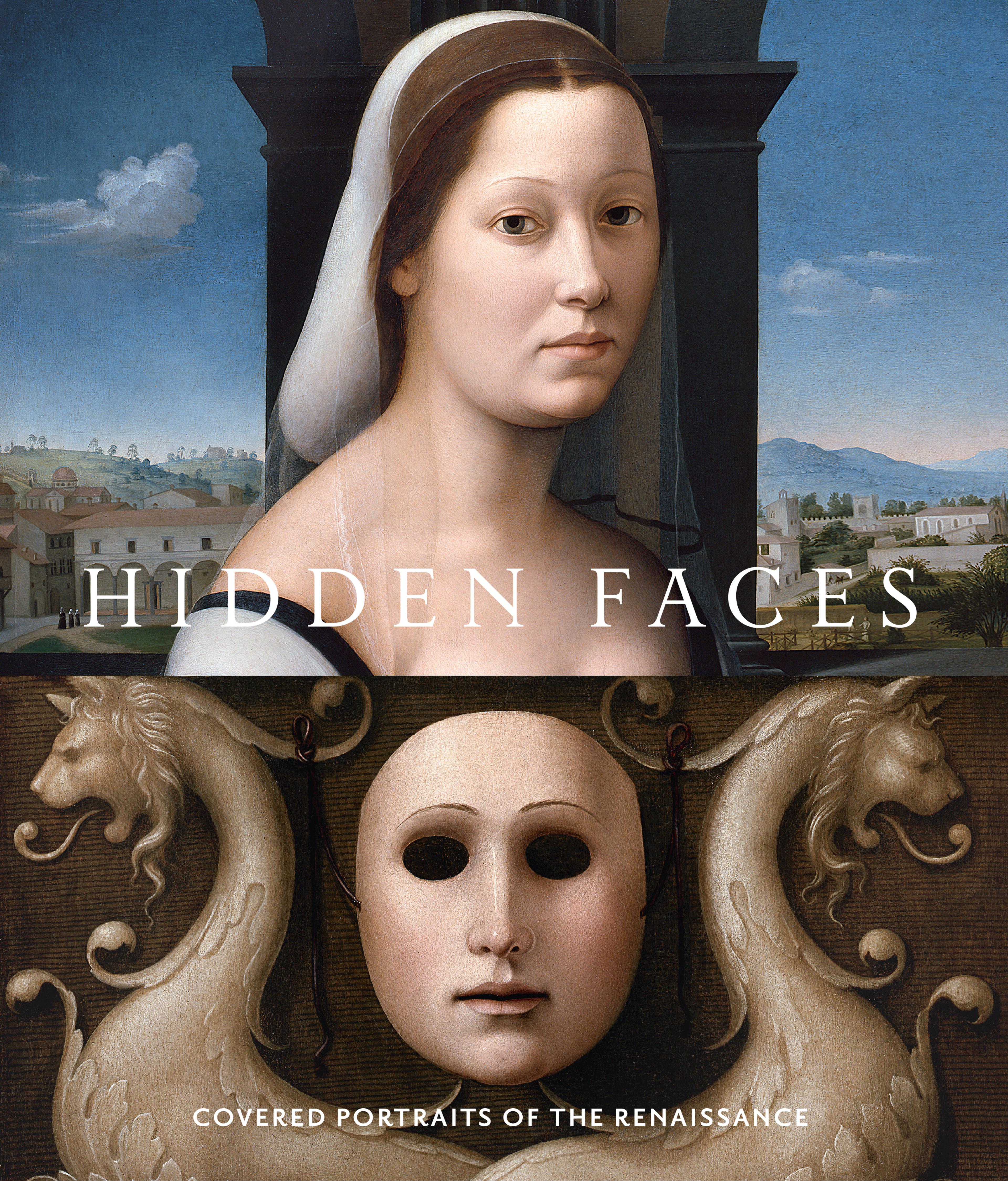 a split image with a portrait of a woman with a Renaissance town in the background above and a mask flanked by two creatures with lion-like heads against a red cloth background below