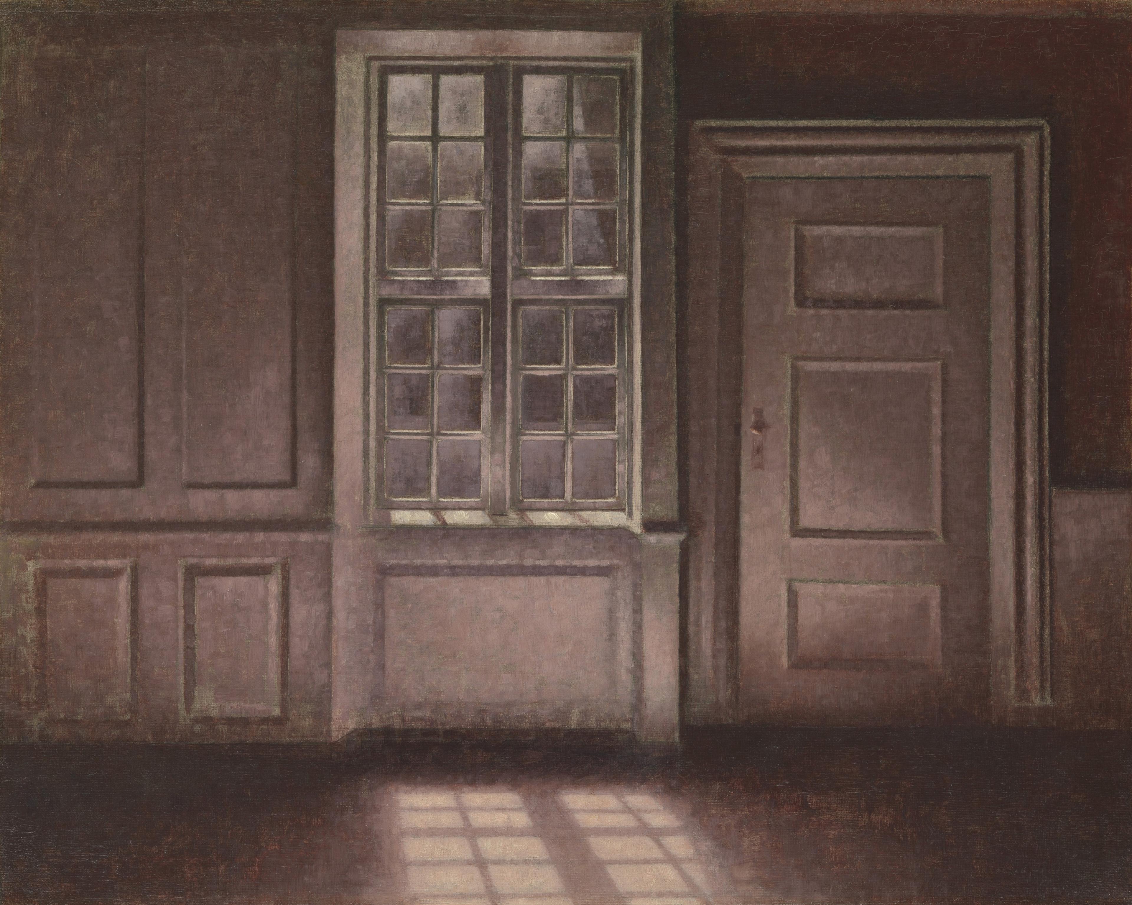 Painting in muted colors of moonlight shining through a grid of window panes and reflecting on a parlor floor.