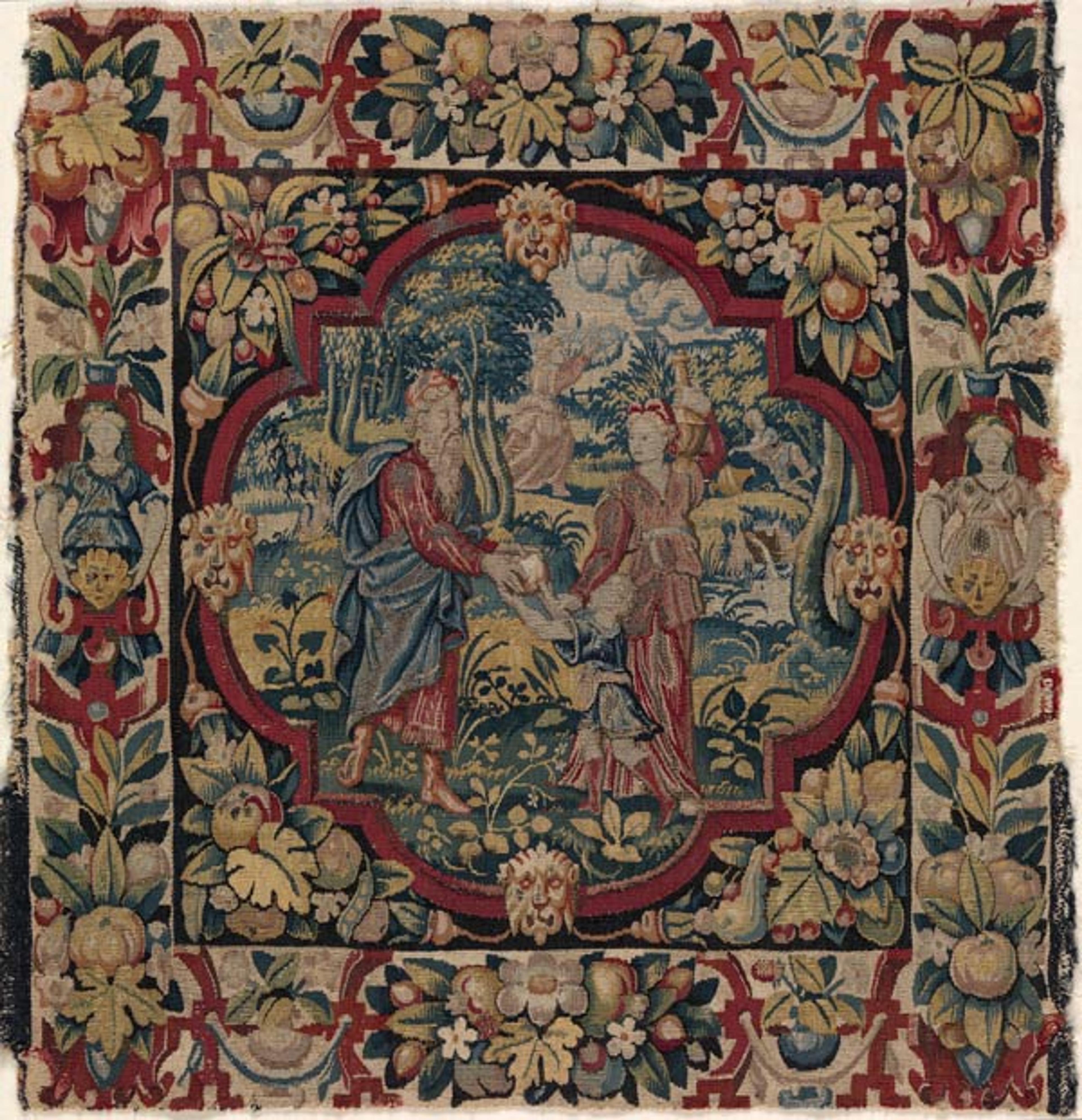 The second in a set of six tapestry-woven cushion covers depicting "The Expulsion of Hagar" from Scenes from the Lives of Abraham and Isaac. Flemish, ca. 1600 (41.100.57d)