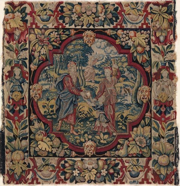 The second in a set of six tapestry-woven cushion covers depicting "The Expulsion of Hagar" from Scenes from the Lives of Abraham and Isaac. Flemish, ca. 1600 (41.100.57d)