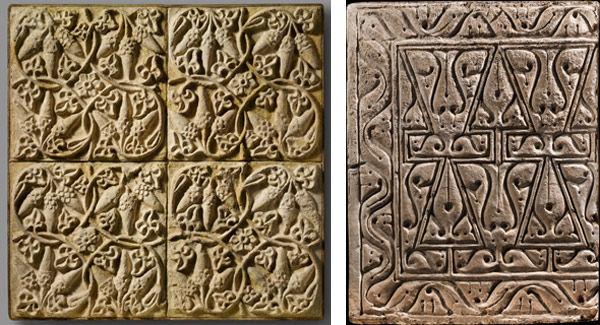 Two examples of stucco wall panels excavated in Iraq with vegetal motifs from the same repertoire. At left , a composite panel made of molded stucco plaques found at Ctesiphon and dated to the sixth century. At right, the cast of a larger carved panel found at Samarra and dated to the ninth century. Left: Panel, ca. 6th century A.D. Mesopotamia, Ctesiphon. Sasanian. Stucco; 25.5 x 25.5 in. (64.77 x 64.77 cm). The Metropolitan Museum of Art, New York, Rogers Fund, 1932 (32.150.5). Right: Cast of a Ninth-Century Wall Panel Carved in the "Beveled Style," 20th century. Iraq, Samarra. Islamic. Stucco; molded; H. 42 in. (106.7 cm), W. 33 1/2 in. (85.1 cm). The Metropolitan Museum of Art, New York, Purchase, Edward C. Moore Jr. Gift, 1927 (27.229.2)