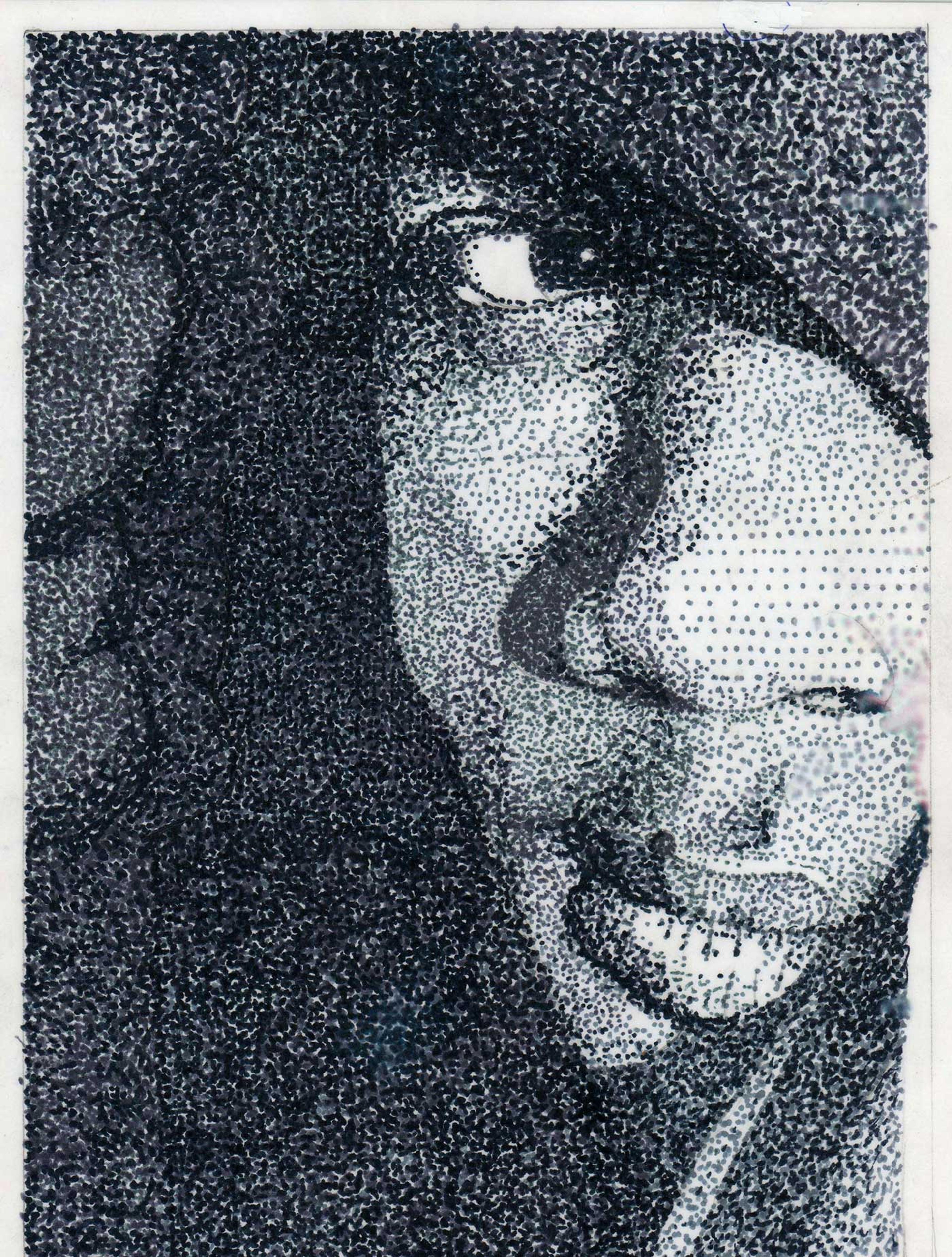 Black and white portrait of a person wearing a hood.