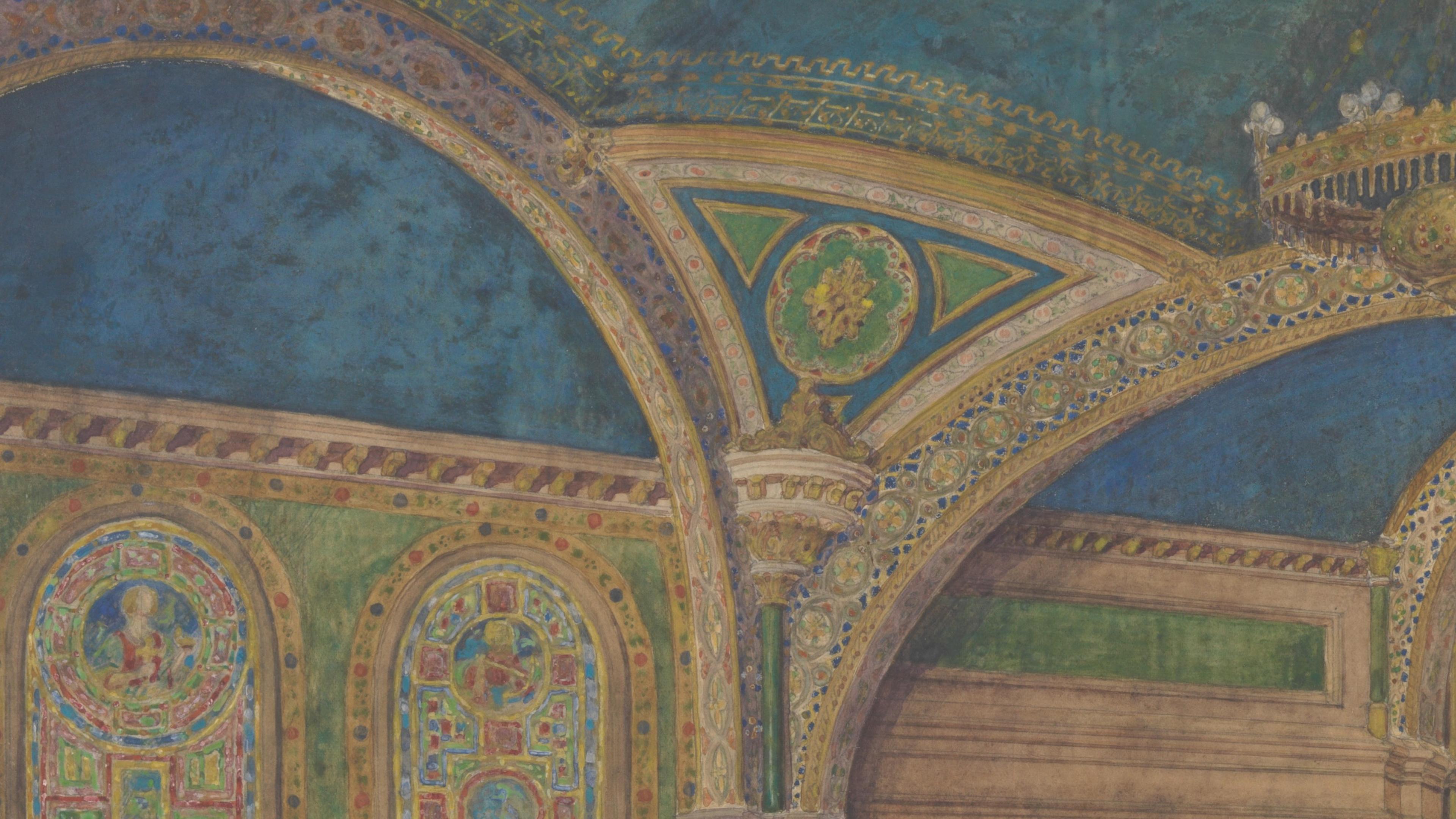 An architectural drawing of an arched ceiling with fine detailing