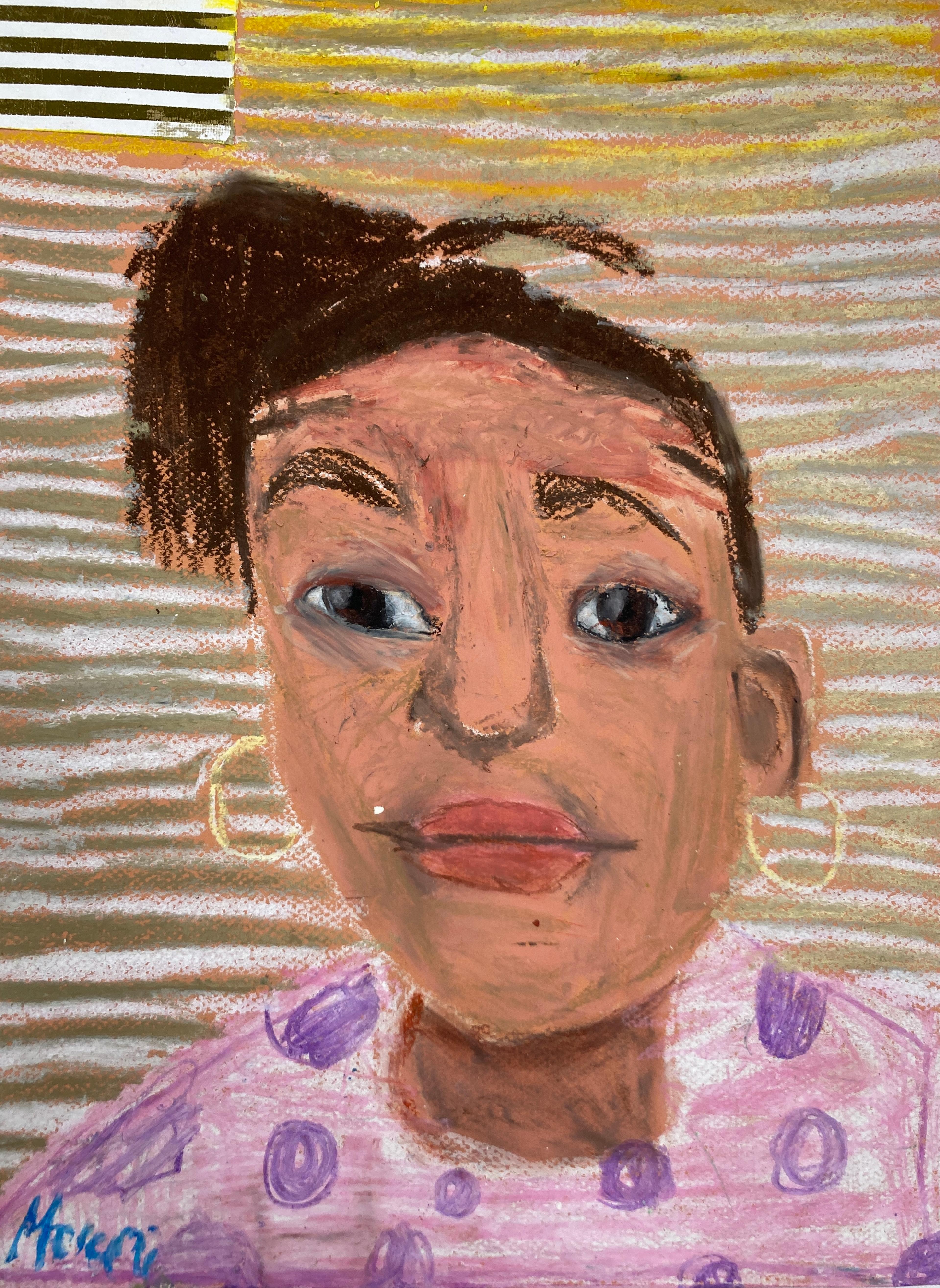 Oil pastel–on–pastel paper self-portrait of a young girl facing the viewer. She has dark brown hair raised atop her head and dark brown eyes with raised eyebrows. She wears large yellow hoop earrings and a pink shirt with purple polka dots. Behind the girl is a backdrop of thin horizontal lines that alternate in color between white and pale gold. A small rectangular square composed of alternating black and white horizontal lines appears at top left. 