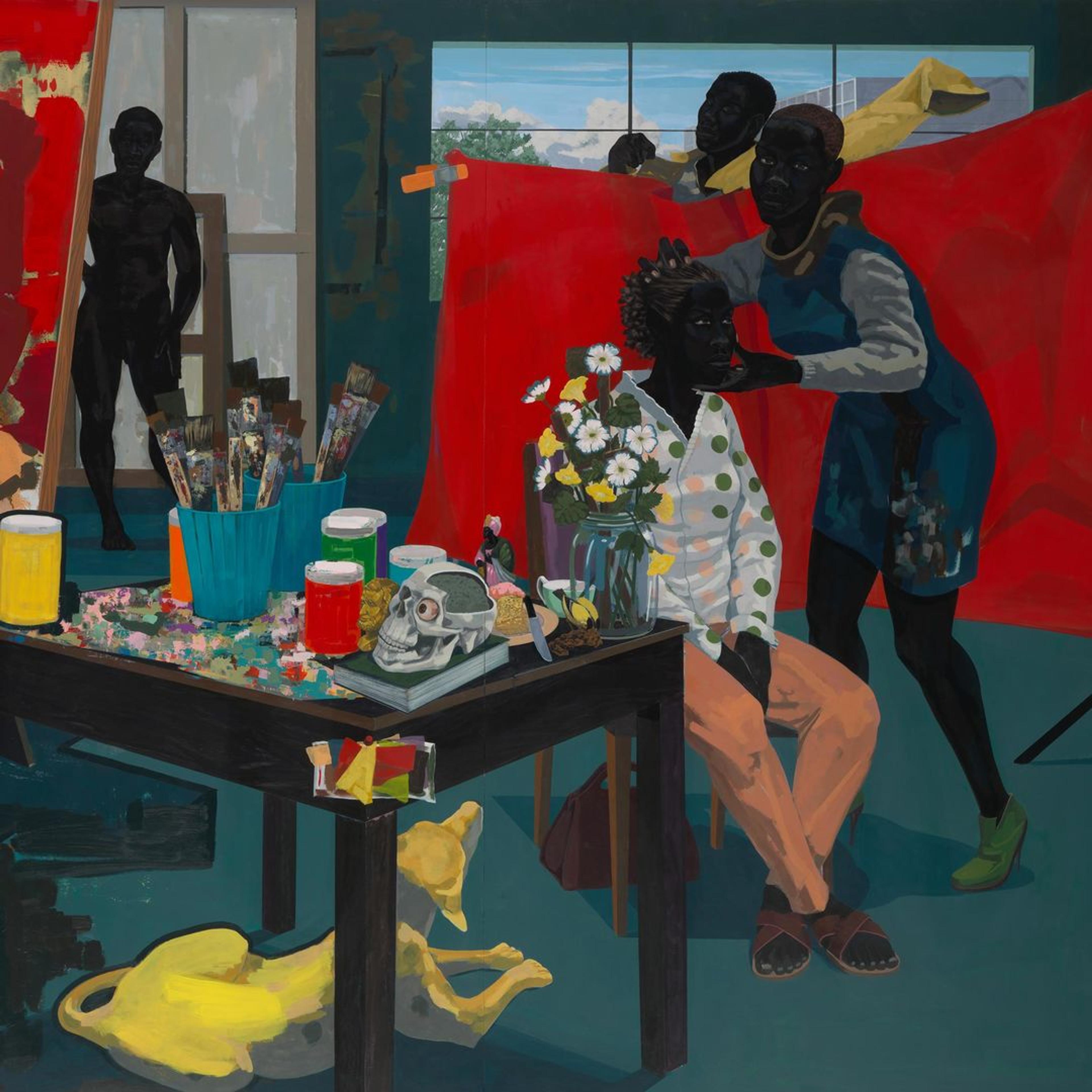 A colorful painting of a studio scene with Black figures engaged in various activities against a red backdrop, art supplies, a painting in progress on an easel, and a yellow dog under the table.