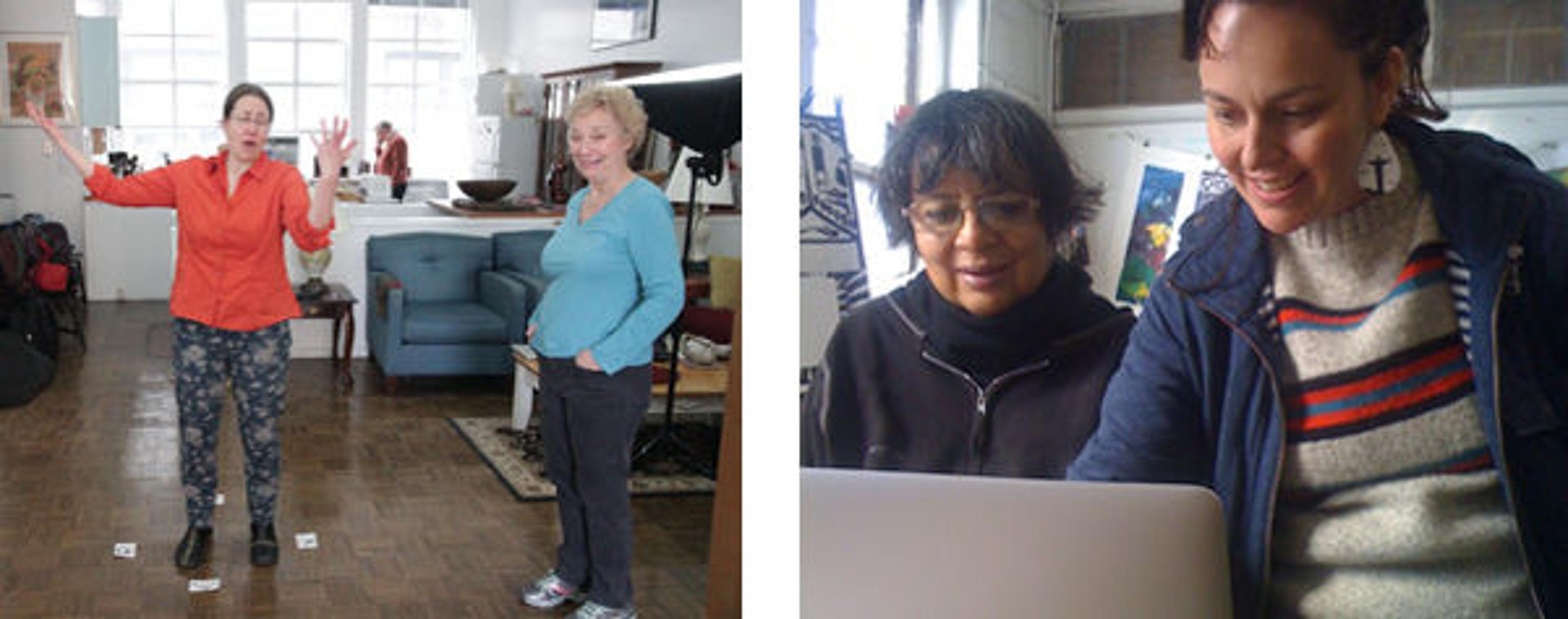Left: Westbeth residents Vanessa Gilbert (left), Paul Binnerts (background), and Nancy Gabor (right). Right Westbeth resident Christina Maile (left) and PIMA student Justine Williams together in the studio